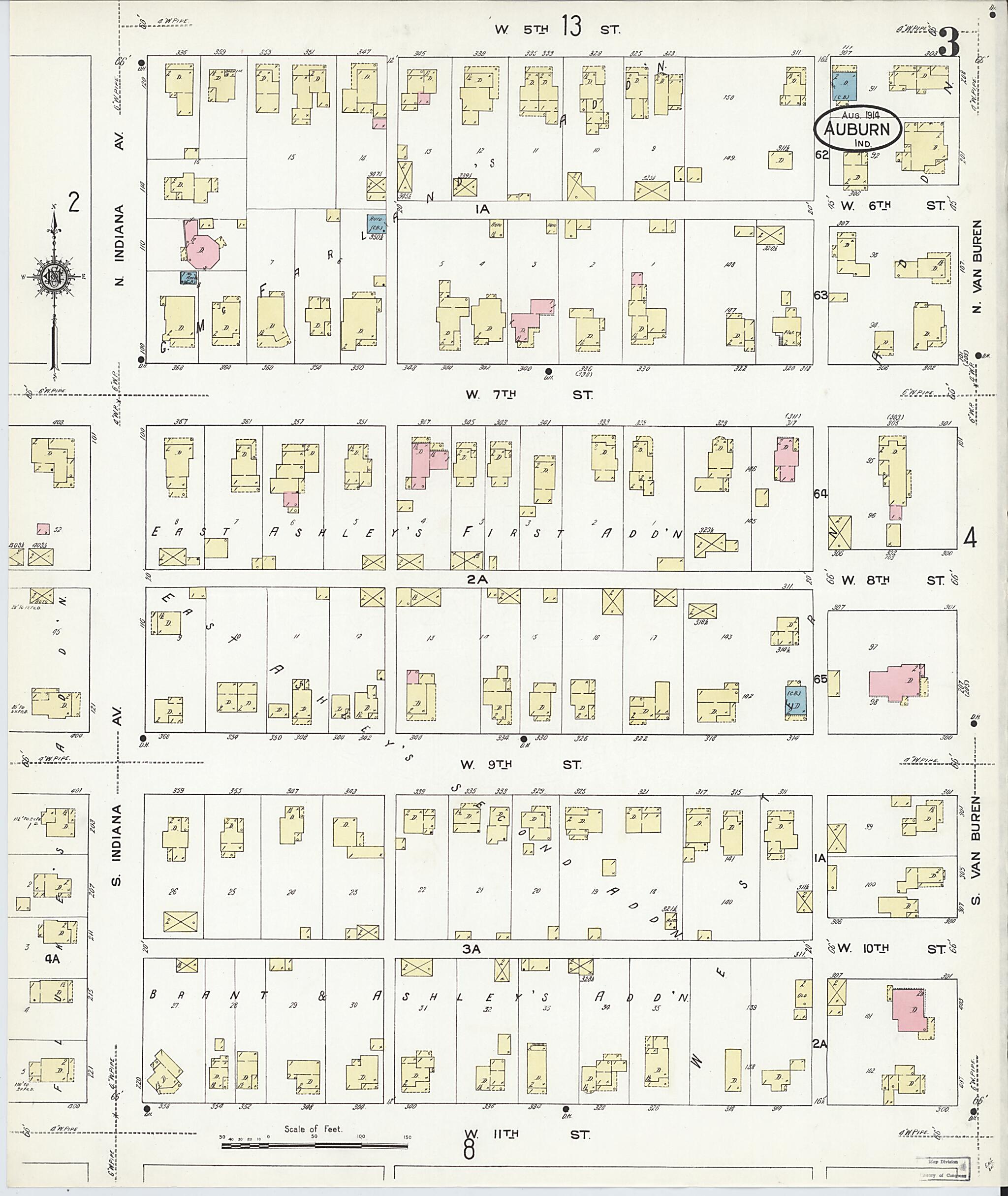 This old map of Auburn, De Kalb County, Indiana was created by Sanborn Map Company in 1914