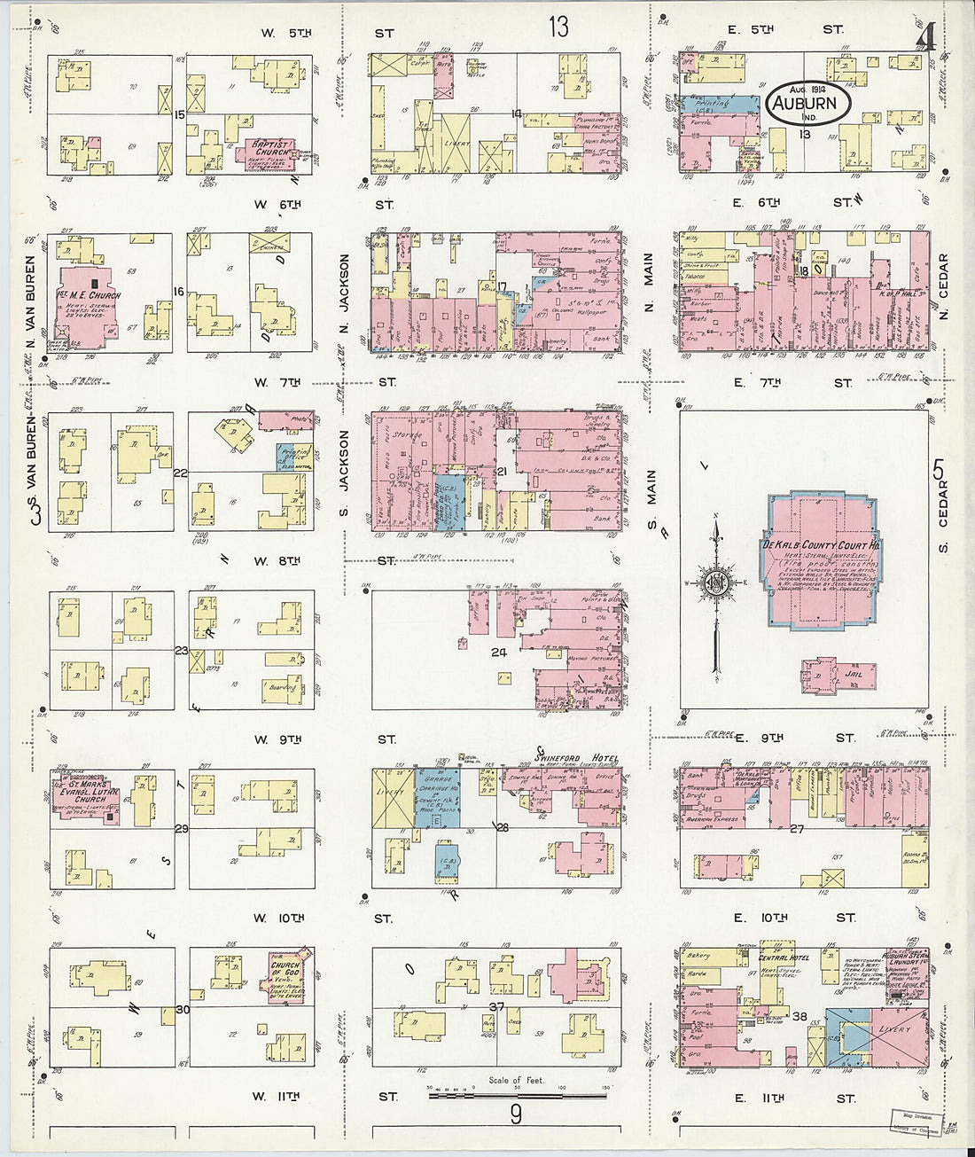 This old map of Auburn, De Kalb County, Indiana was created by Sanborn Map Company in 1914