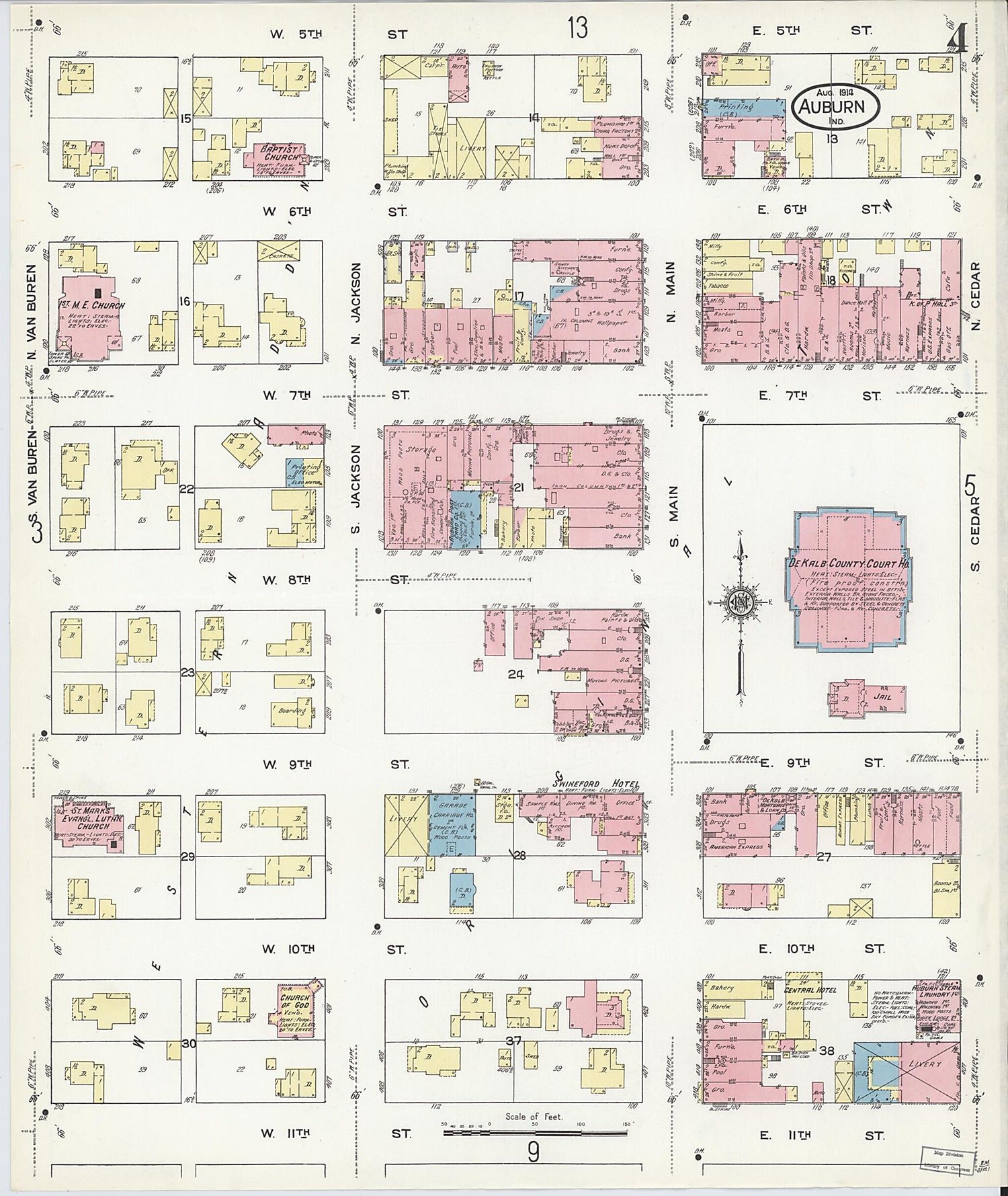 This old map of Auburn, De Kalb County, Indiana was created by Sanborn Map Company in 1914