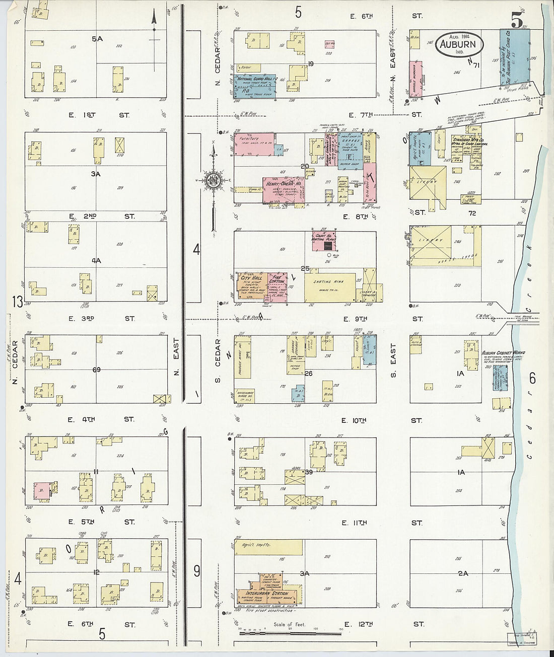 This old map of Auburn, De Kalb County, Indiana was created by Sanborn Map Company in 1914