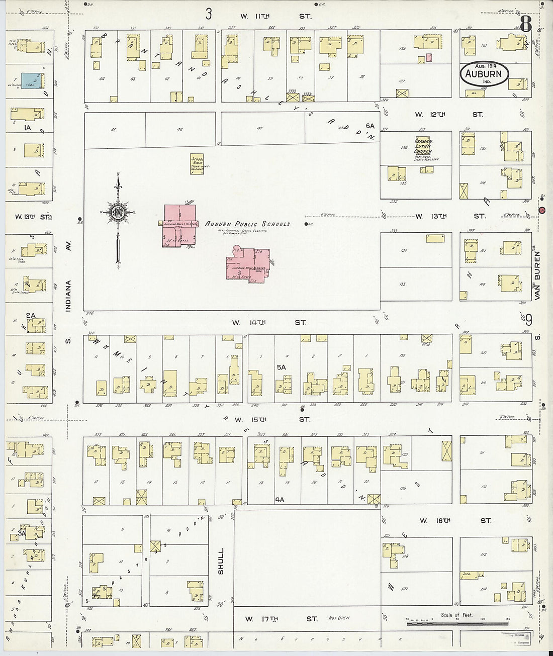 This old map of Auburn, De Kalb County, Indiana was created by Sanborn Map Company in 1914