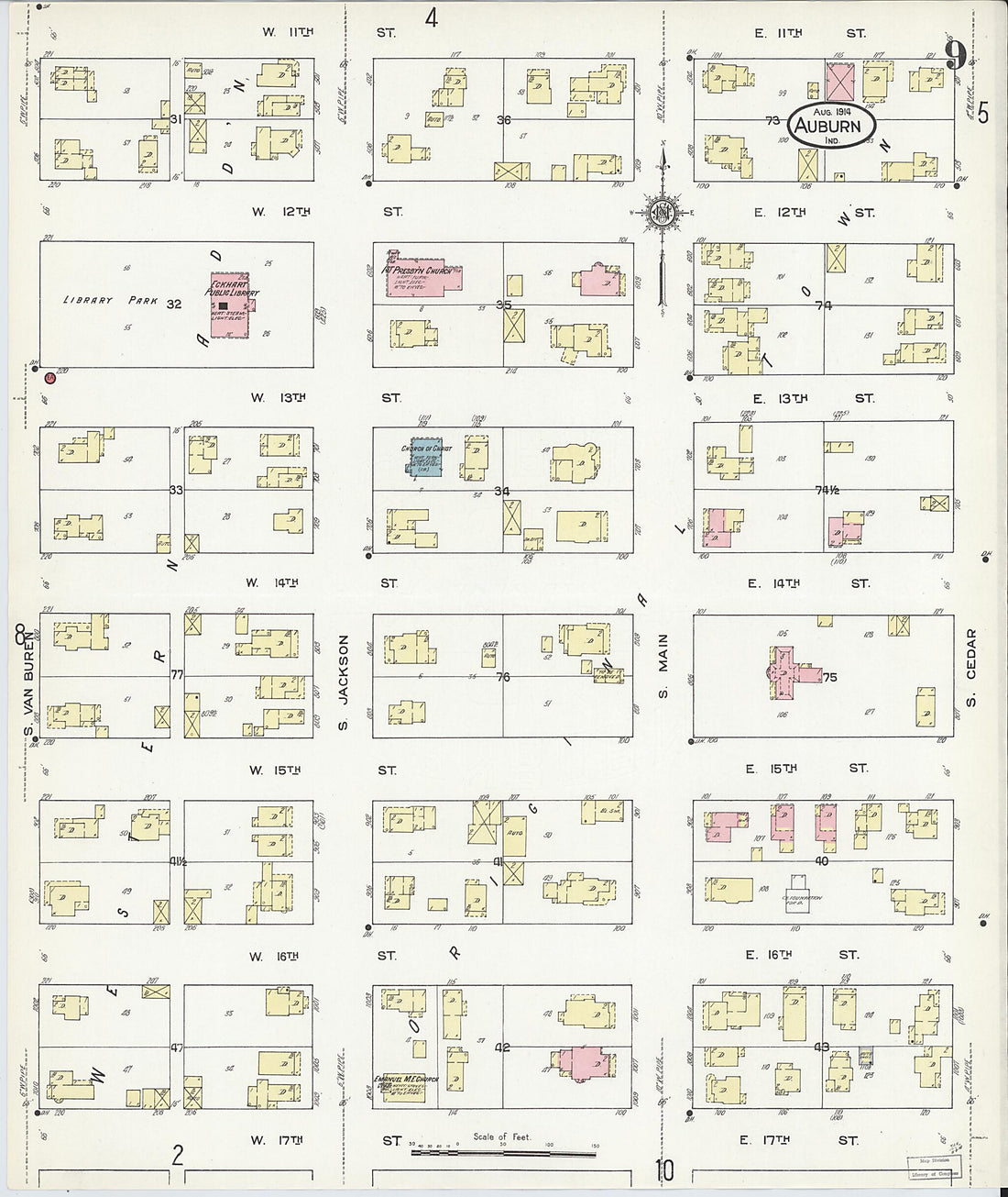 This old map of Auburn, De Kalb County, Indiana was created by Sanborn Map Company in 1914