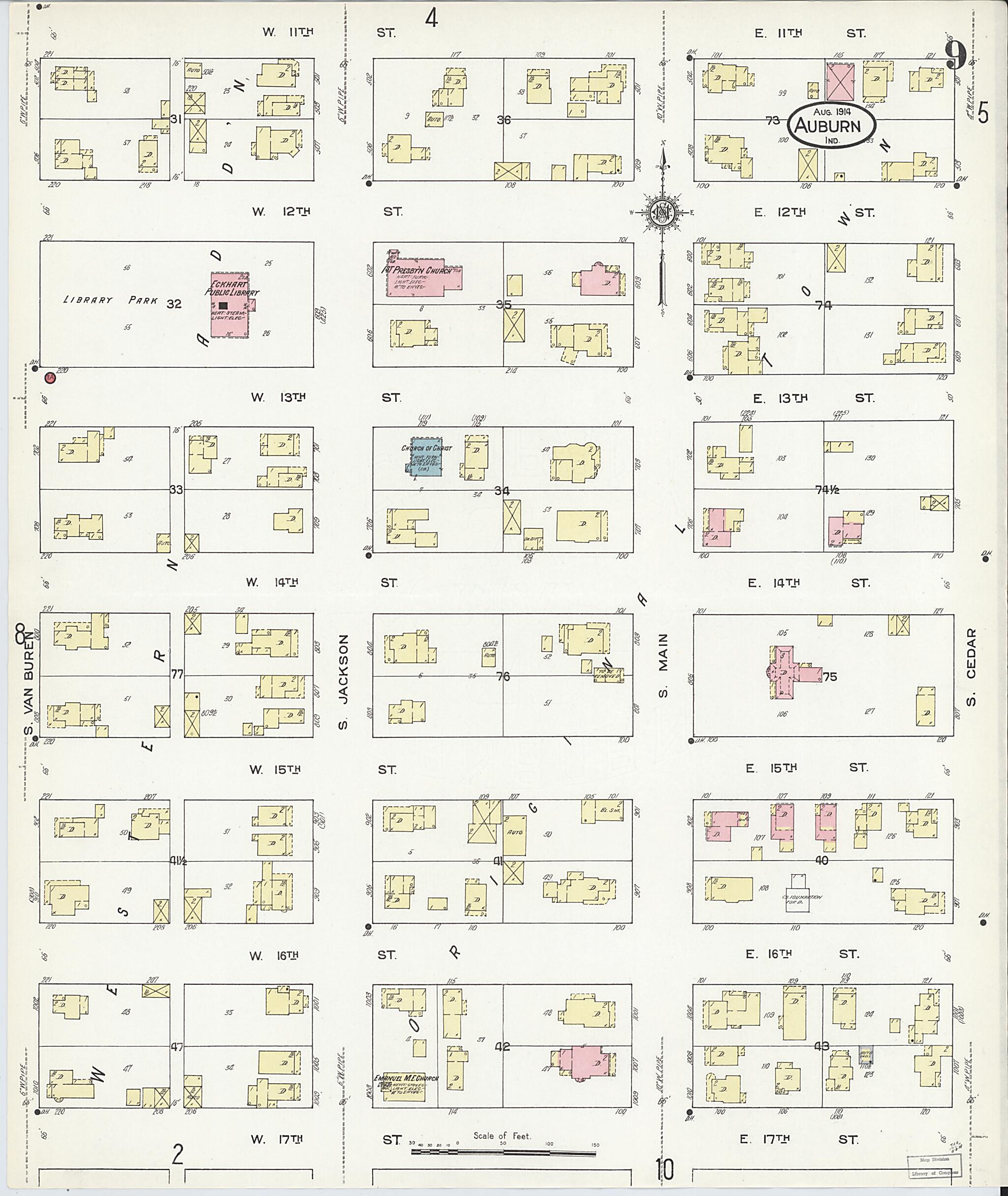 This old map of Auburn, De Kalb County, Indiana was created by Sanborn Map Company in 1914