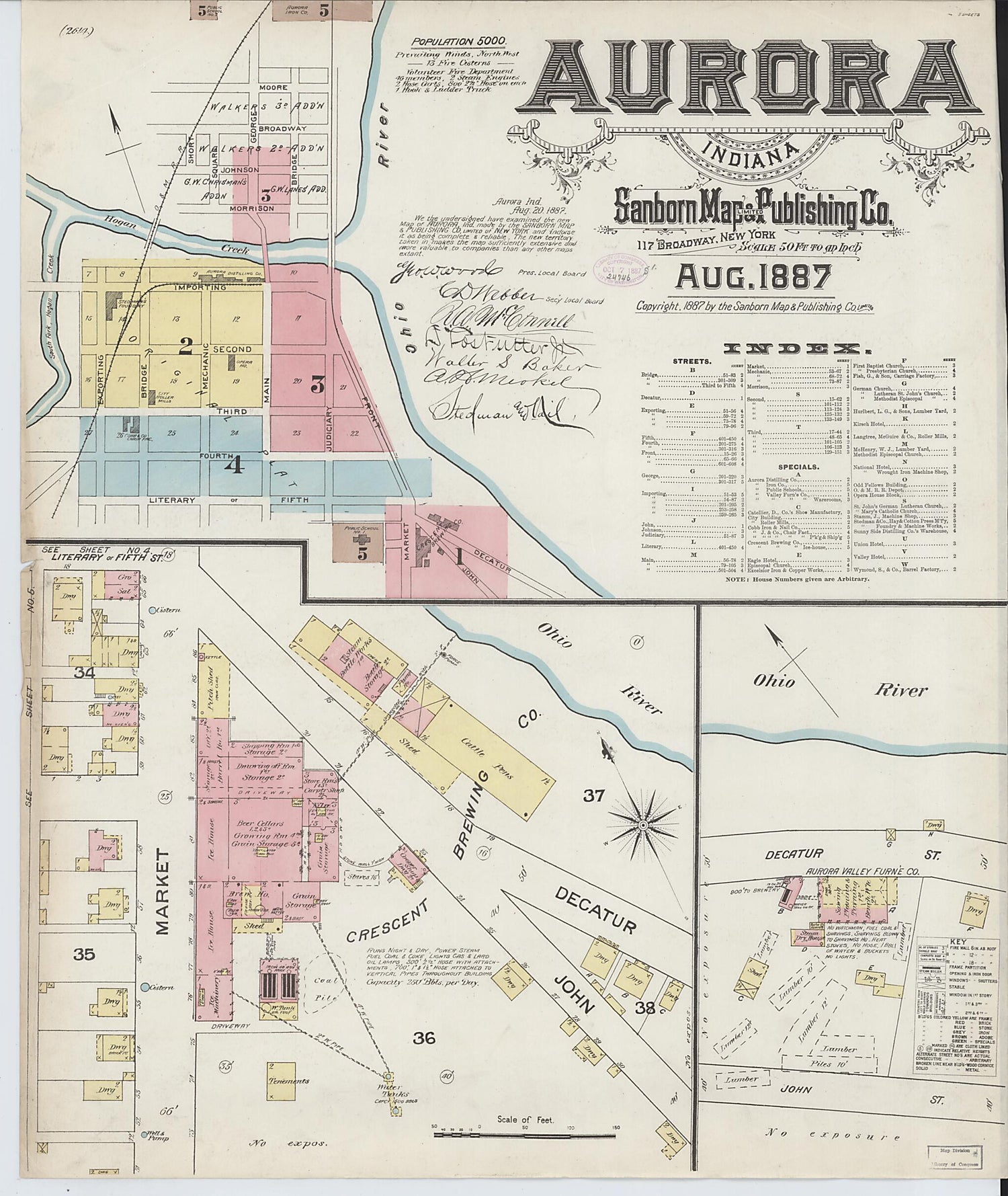 This old map of Aurora, Dearborn County, Indiana was created by Sanborn Map Company in 1887