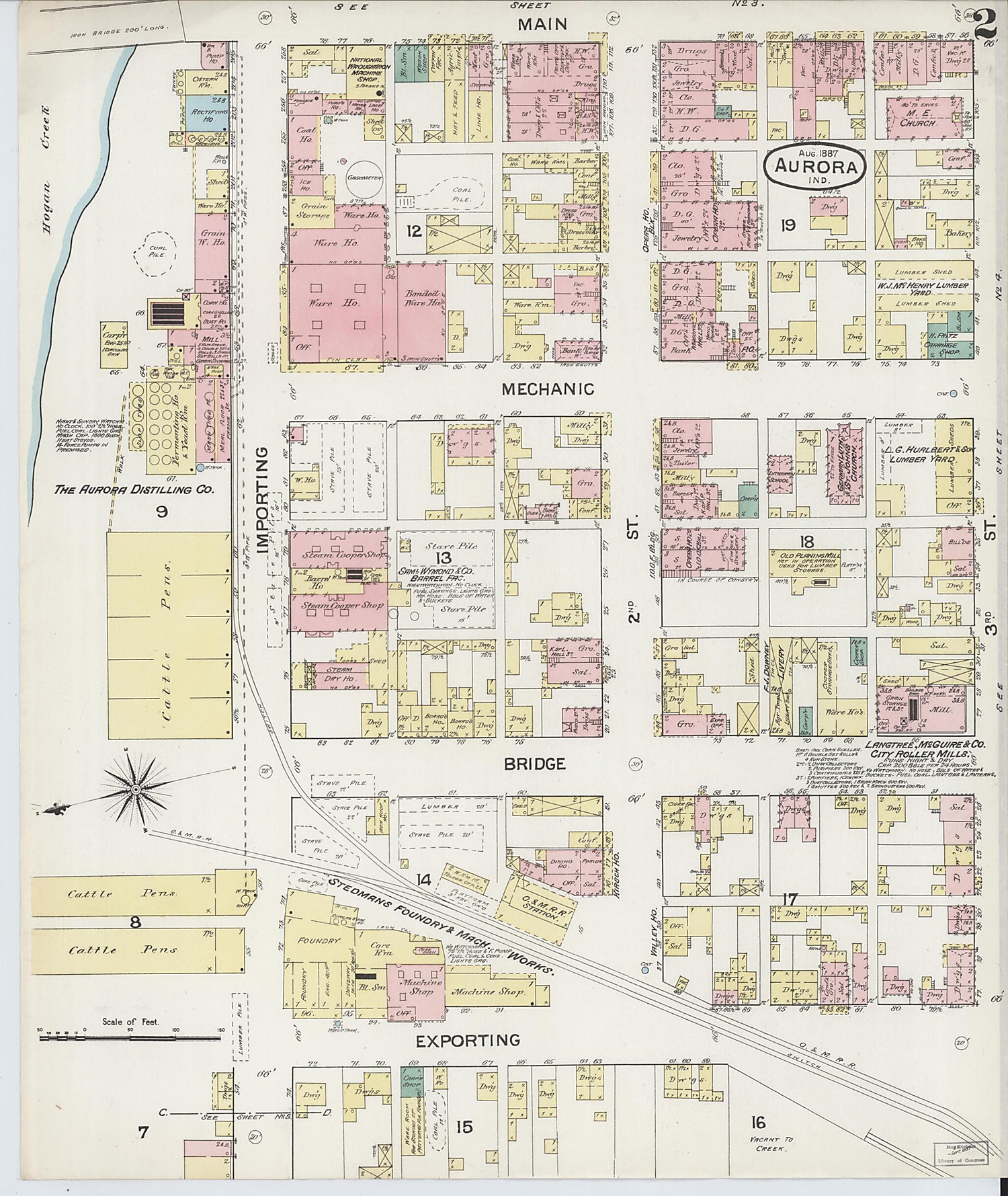 This old map of Aurora, Dearborn County, Indiana was created by Sanborn Map Company in 1887