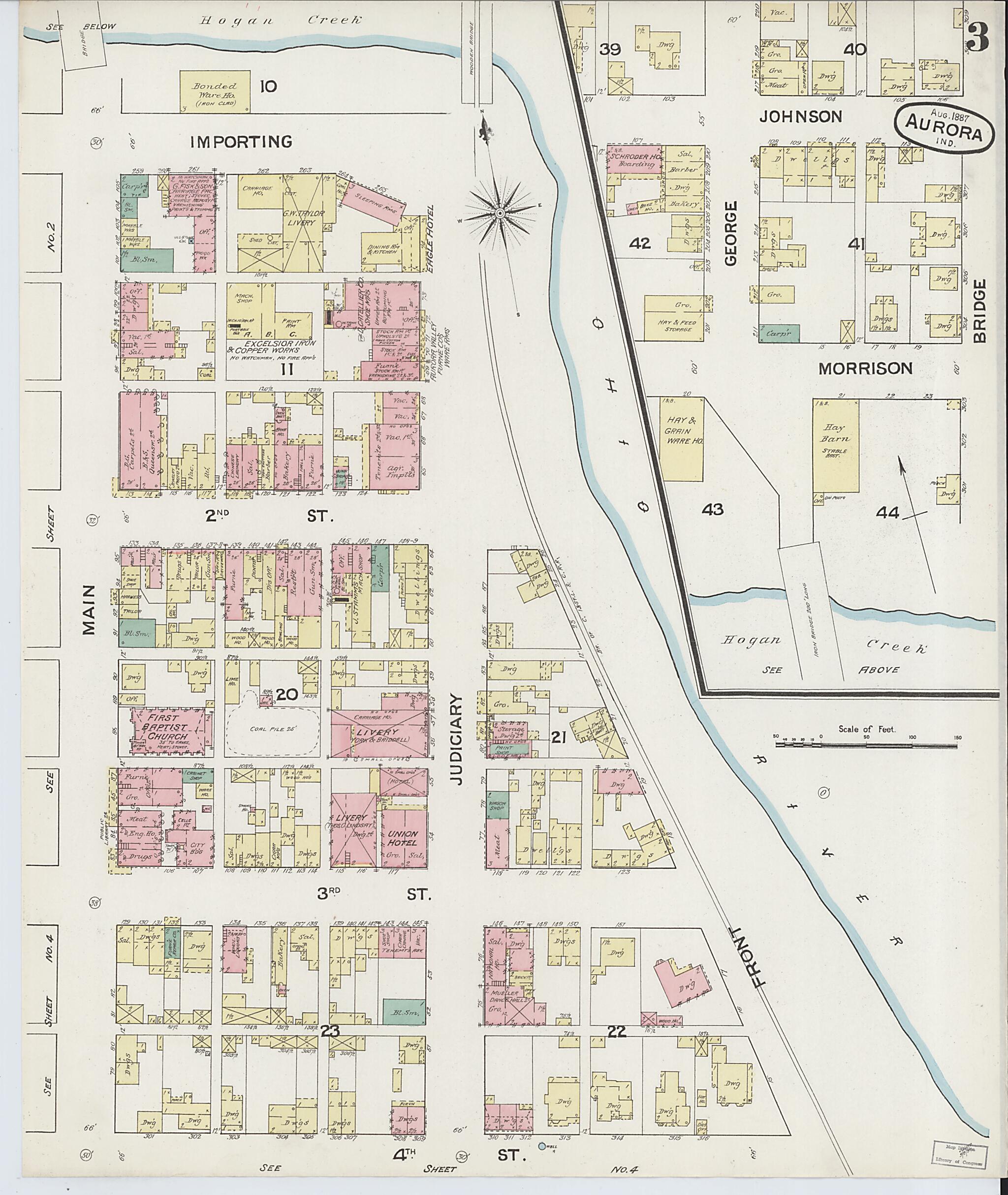 This old map of Aurora, Dearborn County, Indiana was created by Sanborn Map Company in 1887