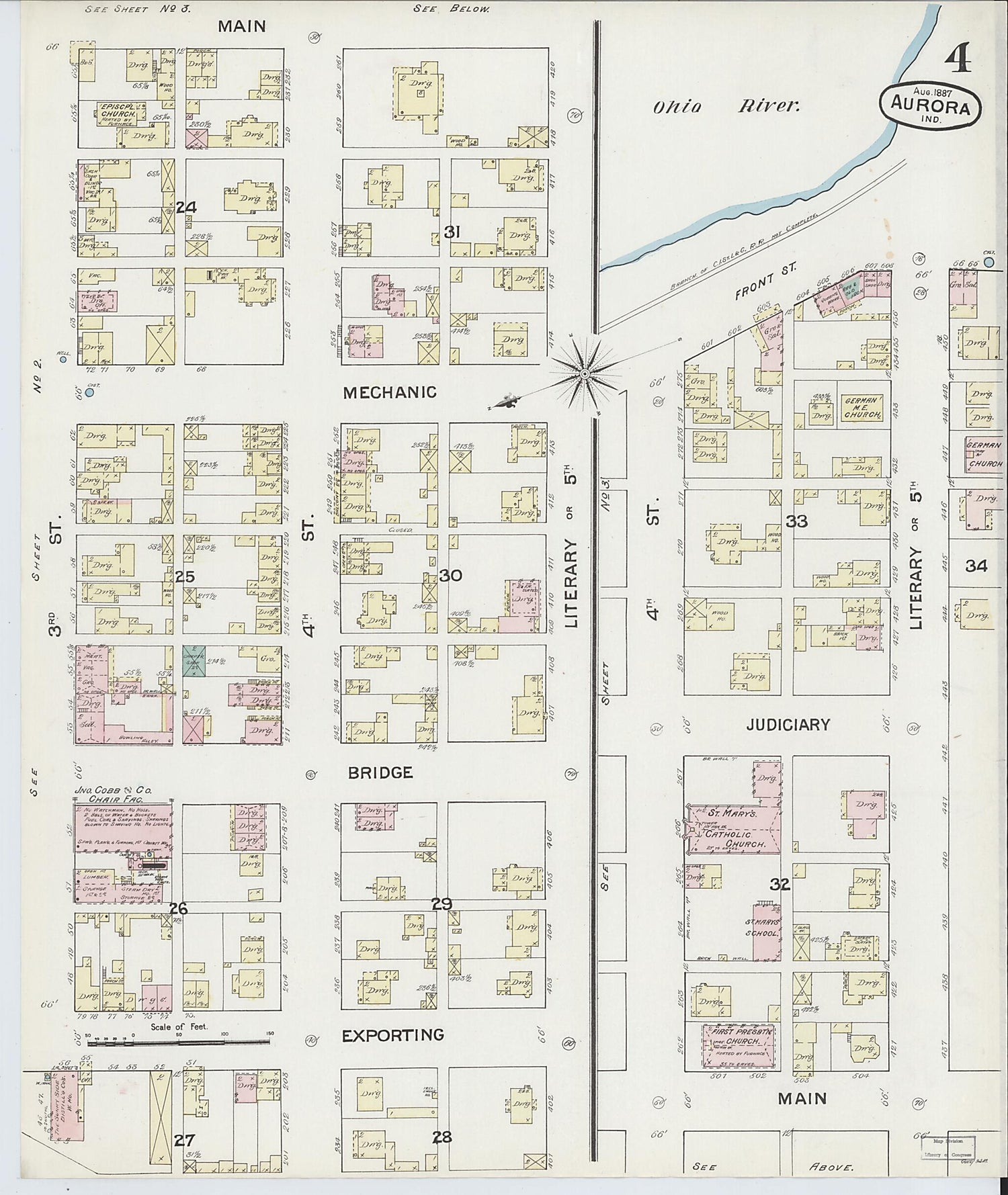 This old map of Aurora, Dearborn County, Indiana was created by Sanborn Map Company in 1887