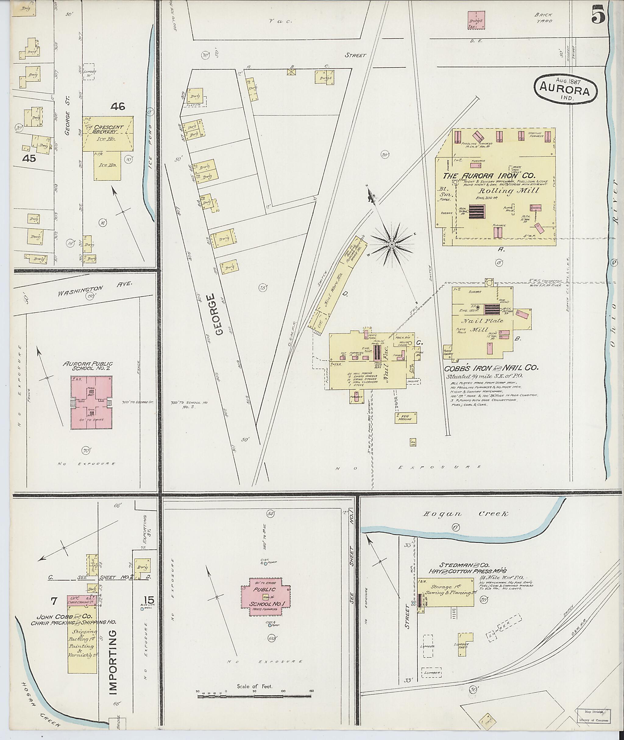 This old map of Aurora, Dearborn County, Indiana was created by Sanborn Map Company in 1887