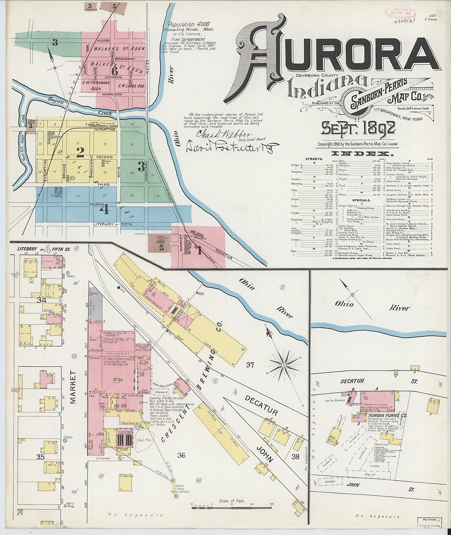 This old map of Aurora, Dearborn County, Indiana was created by Sanborn Map Company in 1892