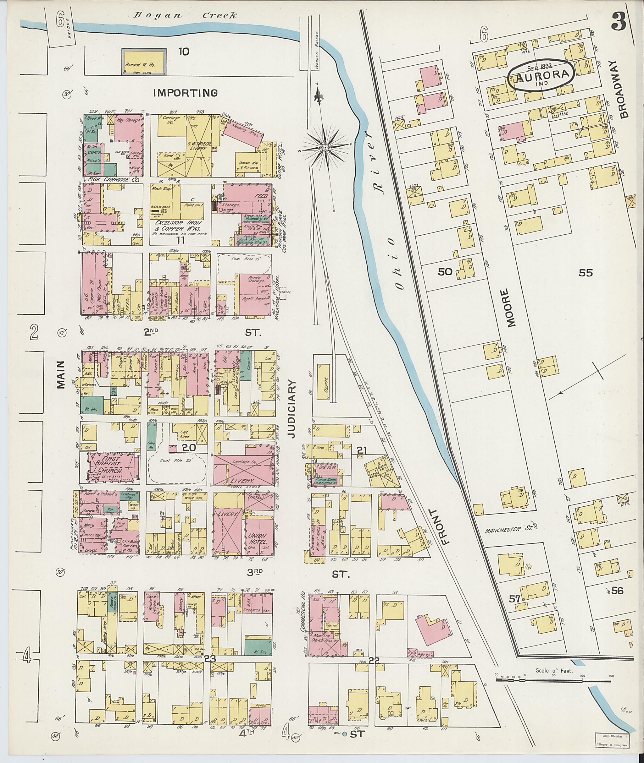 This old map of Aurora, Dearborn County, Indiana was created by Sanborn Map Company in 1892