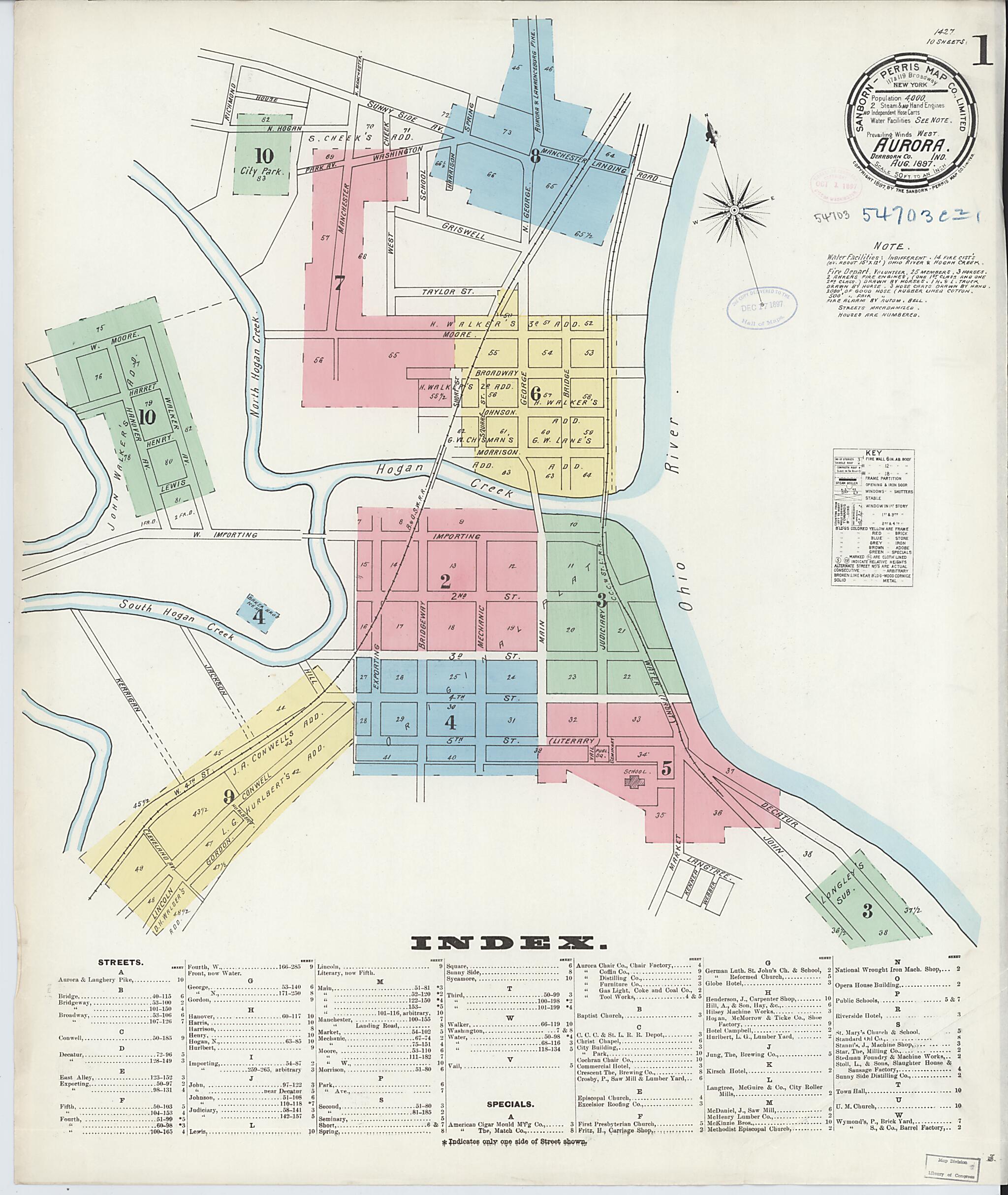 This old map of Aurora, Dearborn County, Indiana was created by Sanborn Map Company in 1897