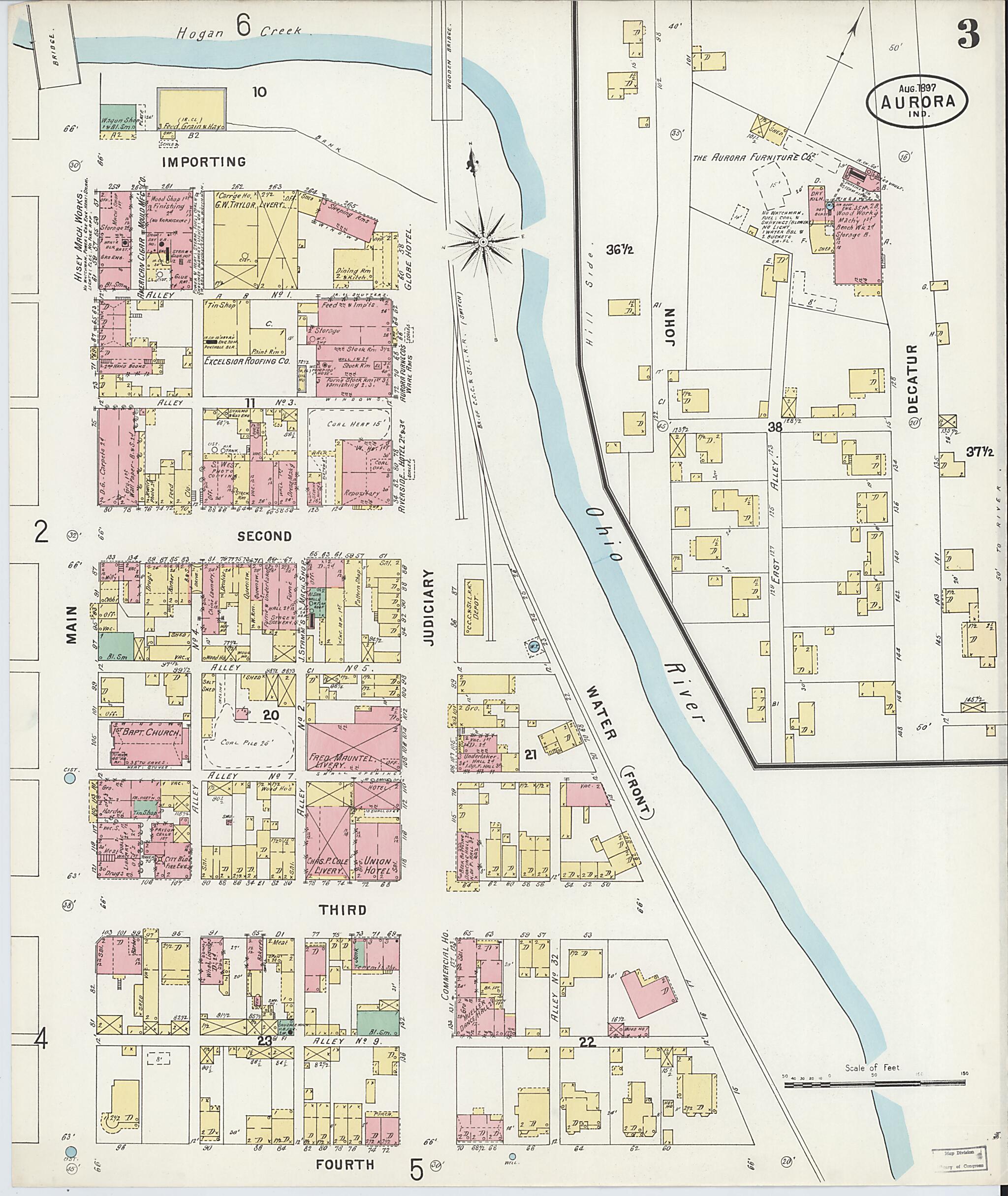 This old map of Aurora, Dearborn County, Indiana was created by Sanborn Map Company in 1897