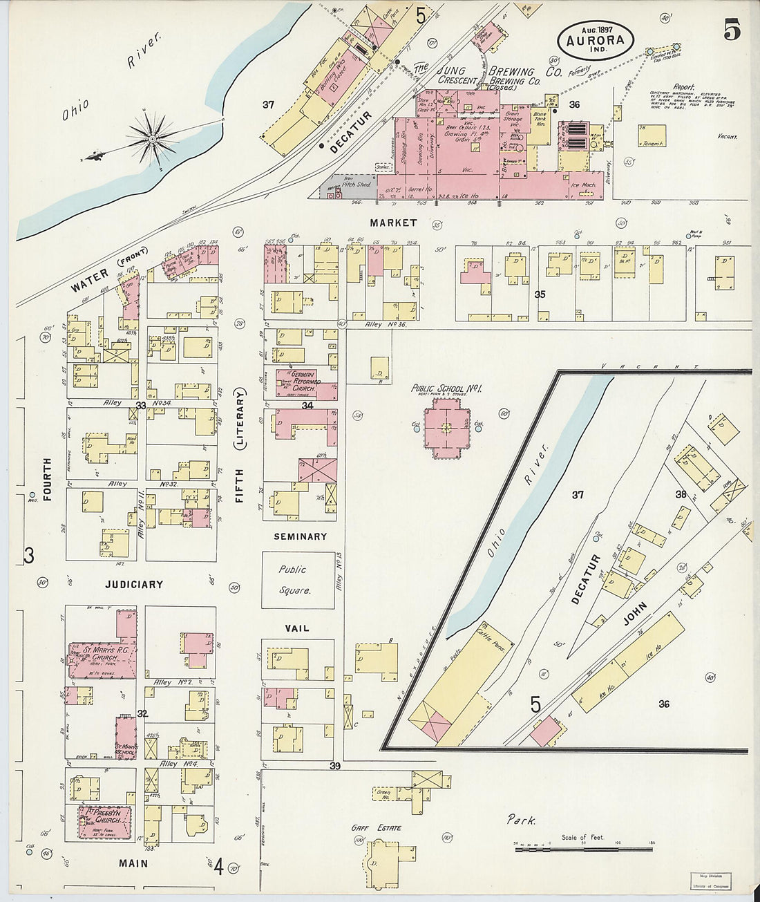 This old map of Aurora, Dearborn County, Indiana was created by Sanborn Map Company in 1897