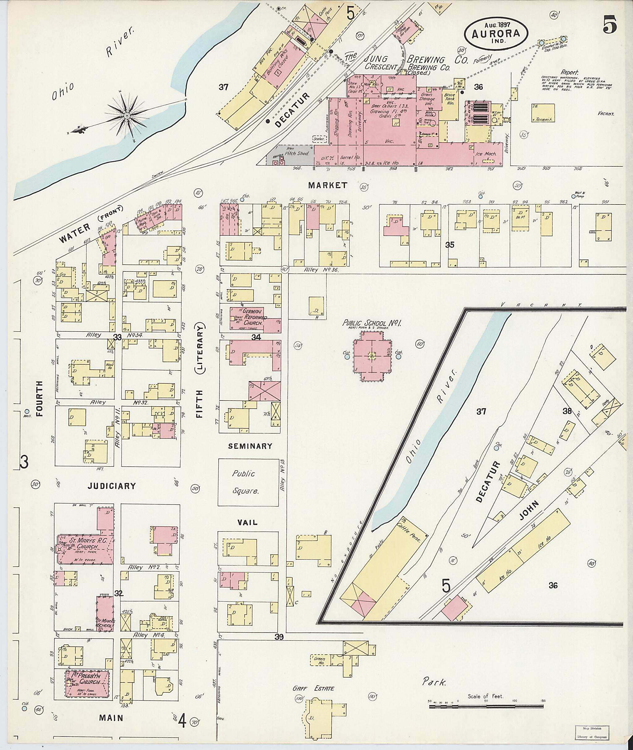 This old map of Aurora, Dearborn County, Indiana was created by Sanborn Map Company in 1897