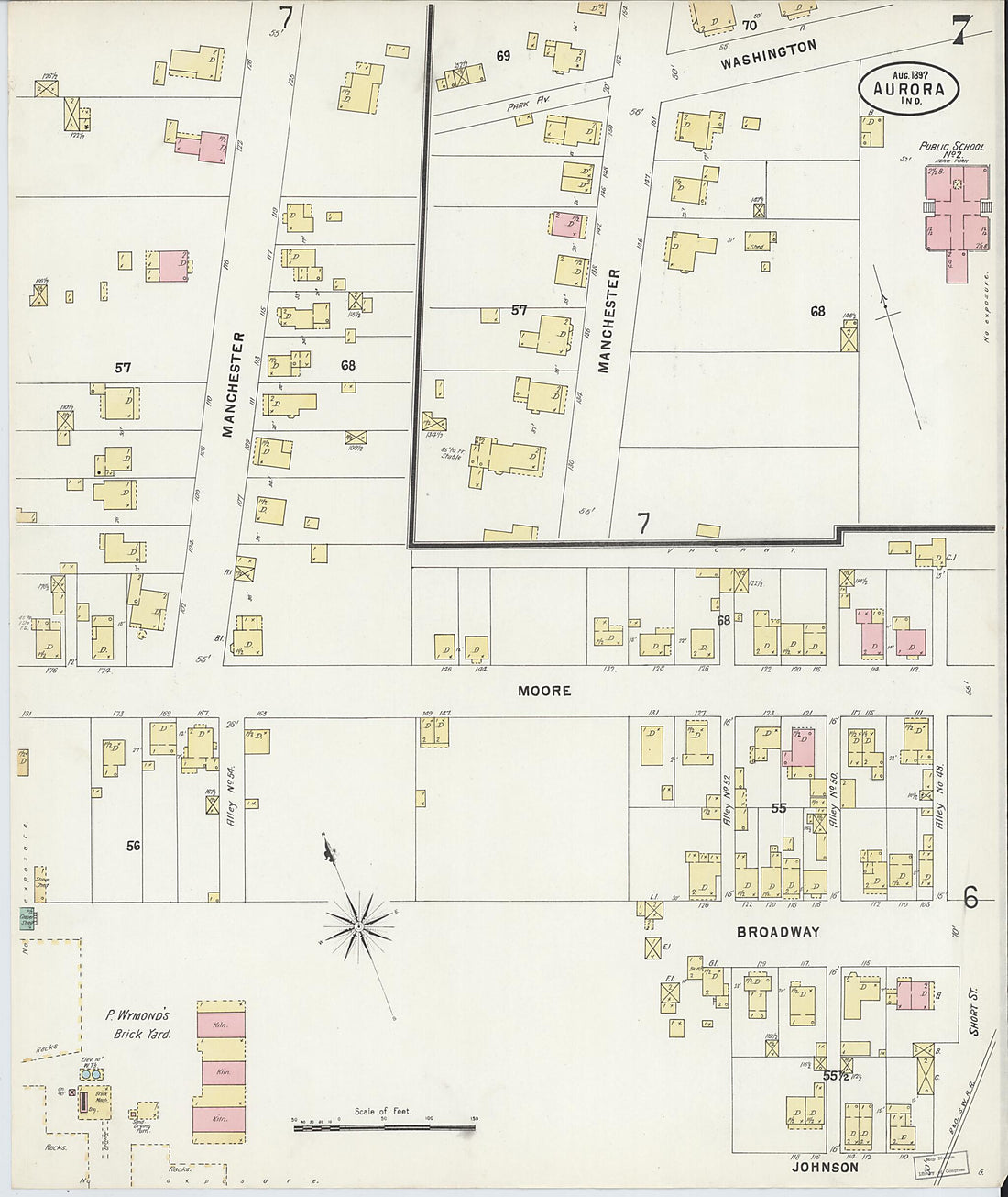 This old map of Aurora, Dearborn County, Indiana was created by Sanborn Map Company in 1897