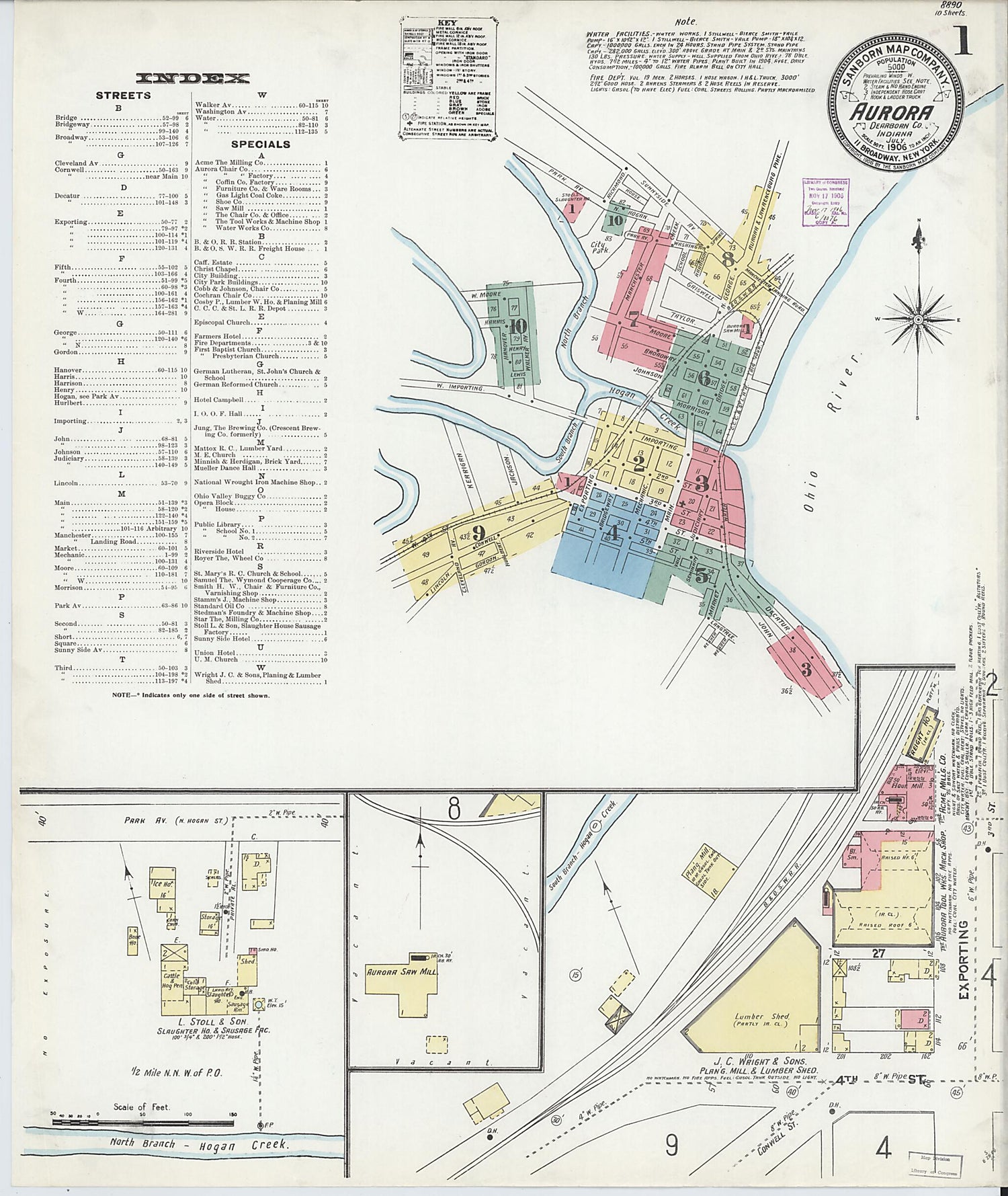 This old map of Aurora, Dearborn County, Indiana was created by Sanborn Map Company in 1906