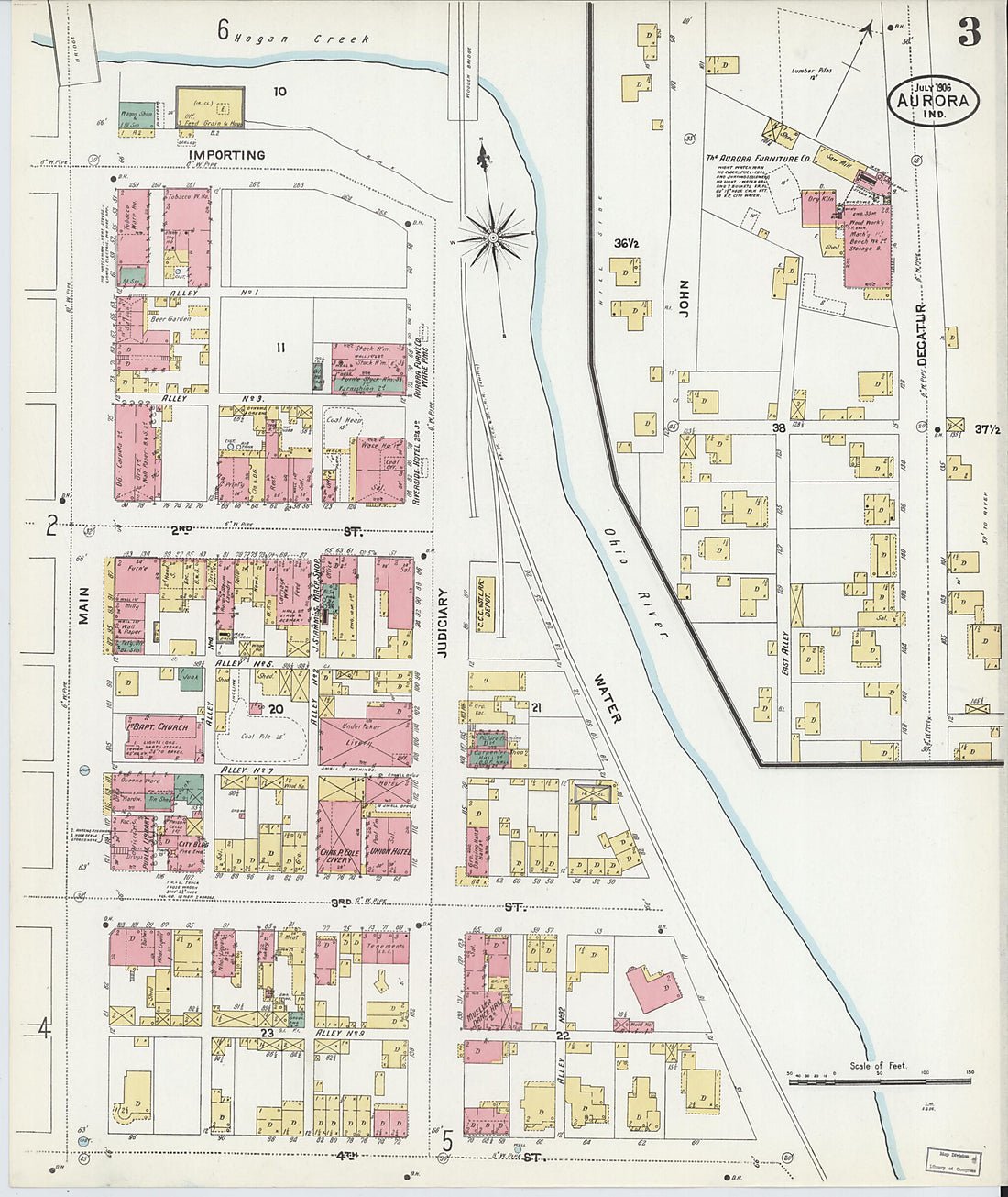 This old map of Aurora, Dearborn County, Indiana was created by Sanborn Map Company in 1906