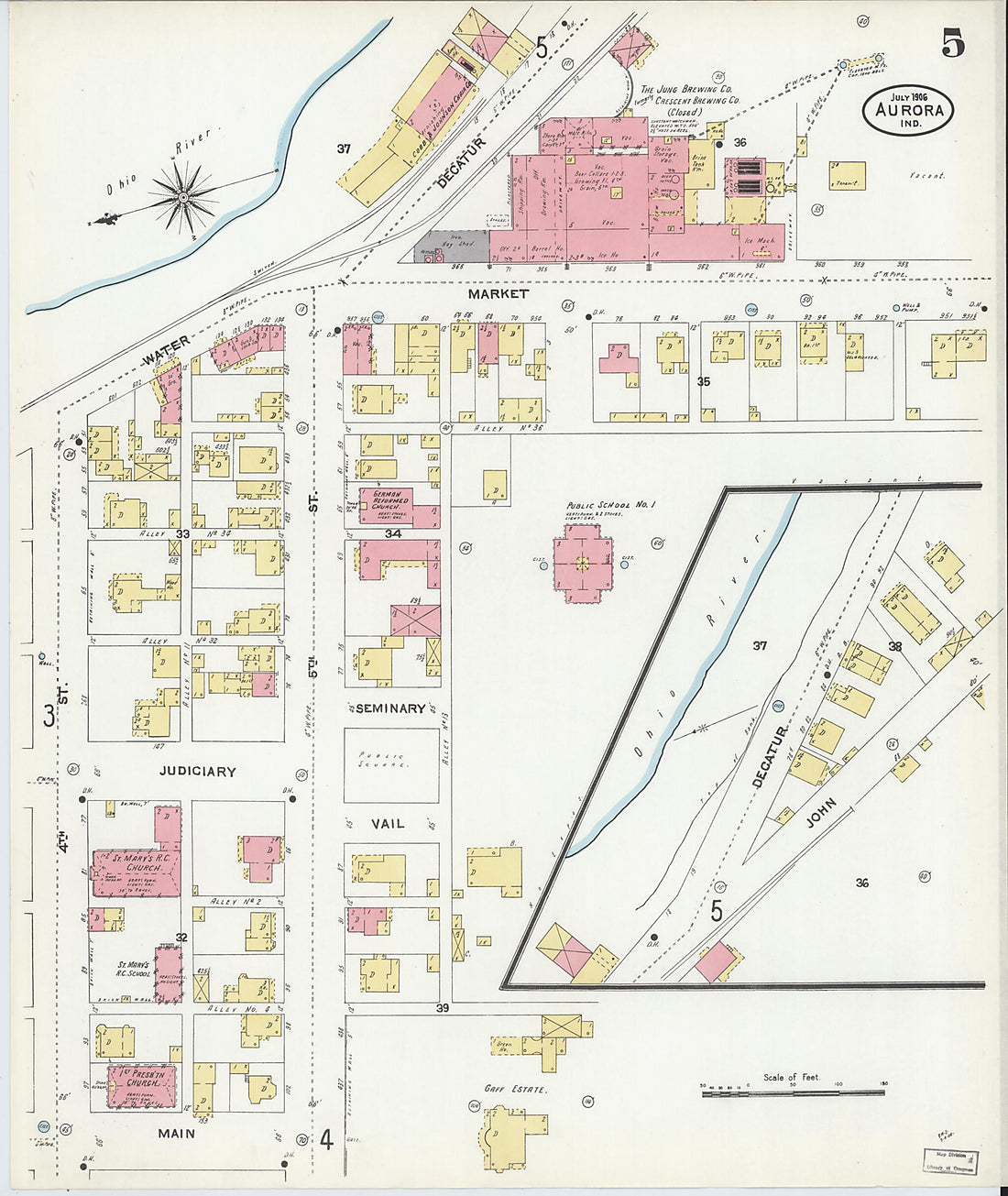 This old map of Aurora, Dearborn County, Indiana was created by Sanborn Map Company in 1906