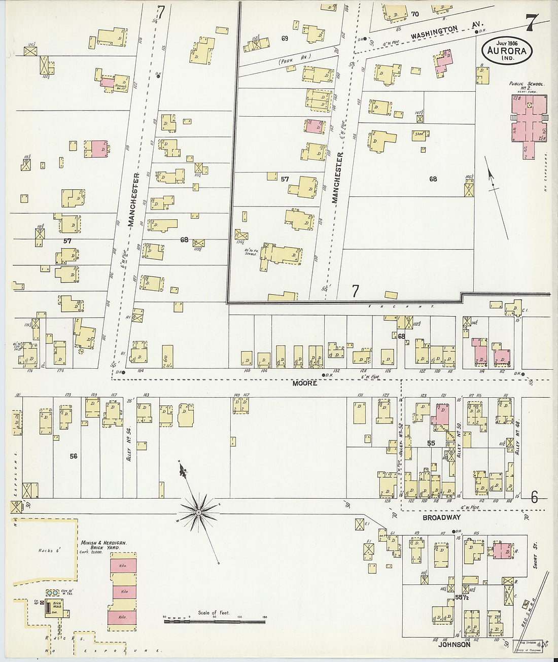 This old map of Aurora, Dearborn County, Indiana was created by Sanborn Map Company in 1906