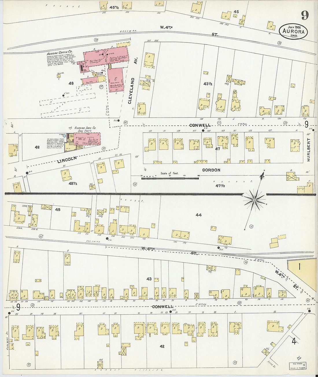 This old map of Aurora, Dearborn County, Indiana was created by Sanborn Map Company in 1906