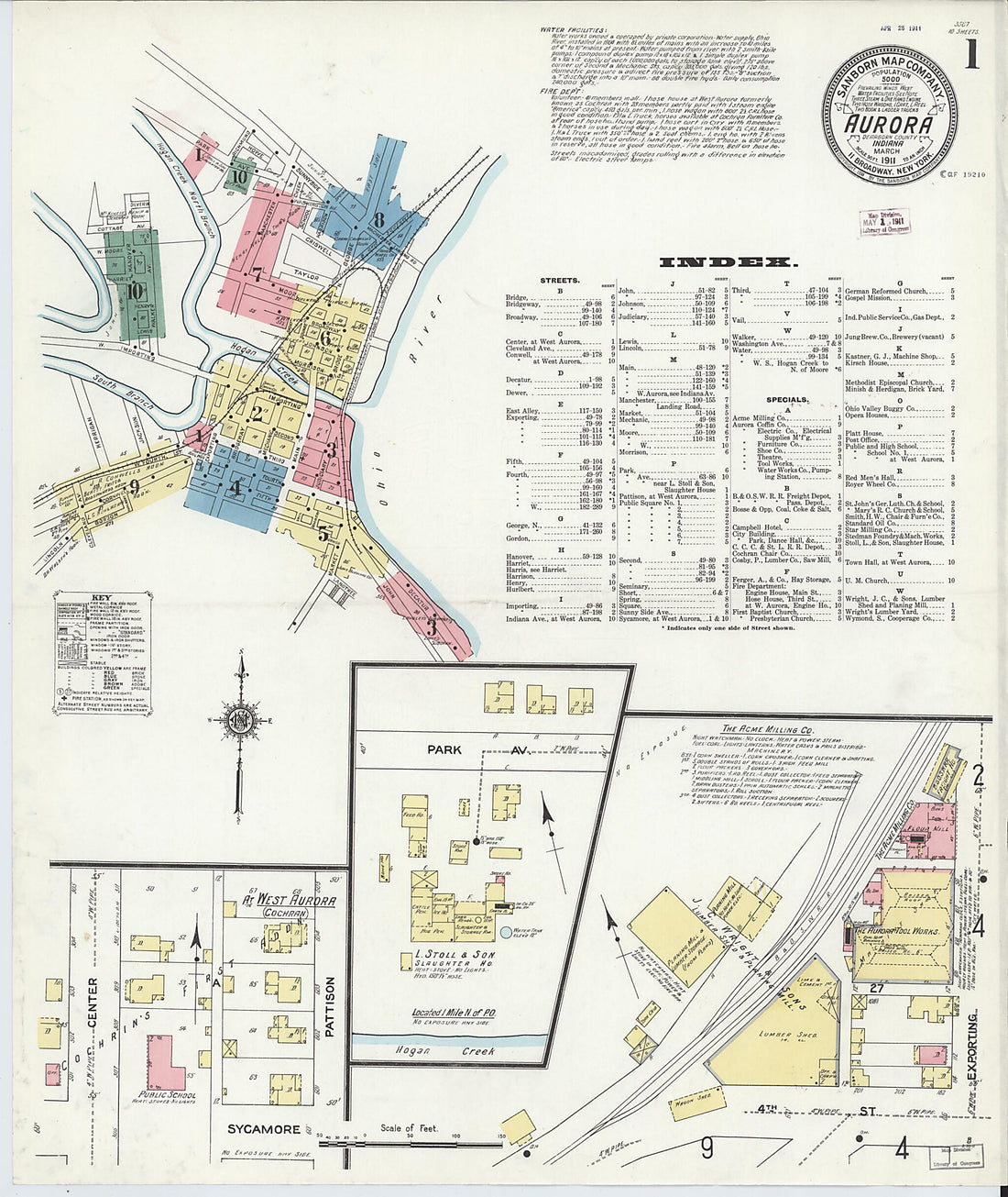 This old map of Aurora, Dearborn County, Indiana was created by Sanborn Map Company in 1911