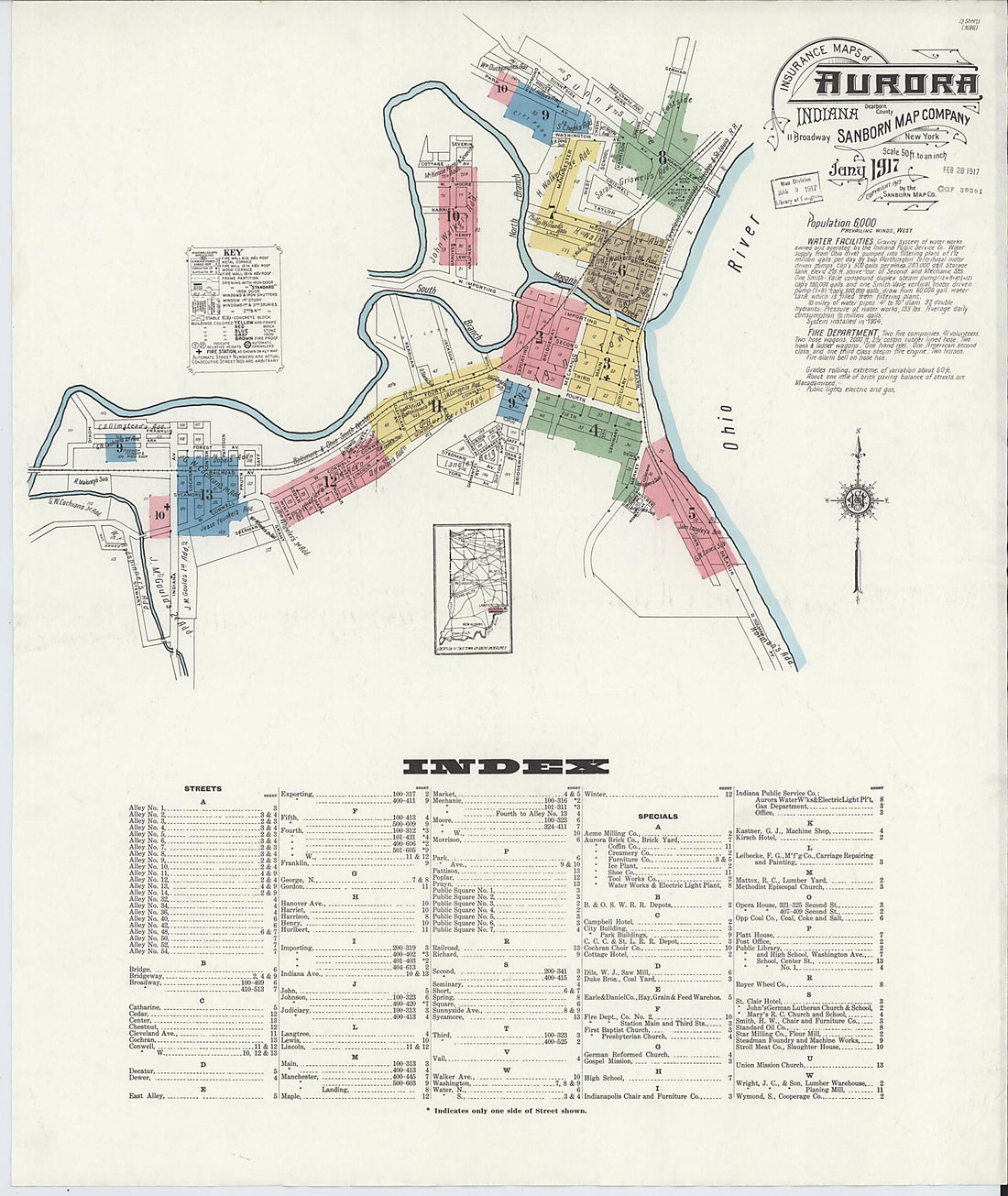 This old map of Aurora, Dearborn County, Indiana was created by Sanborn Map Company in 1917