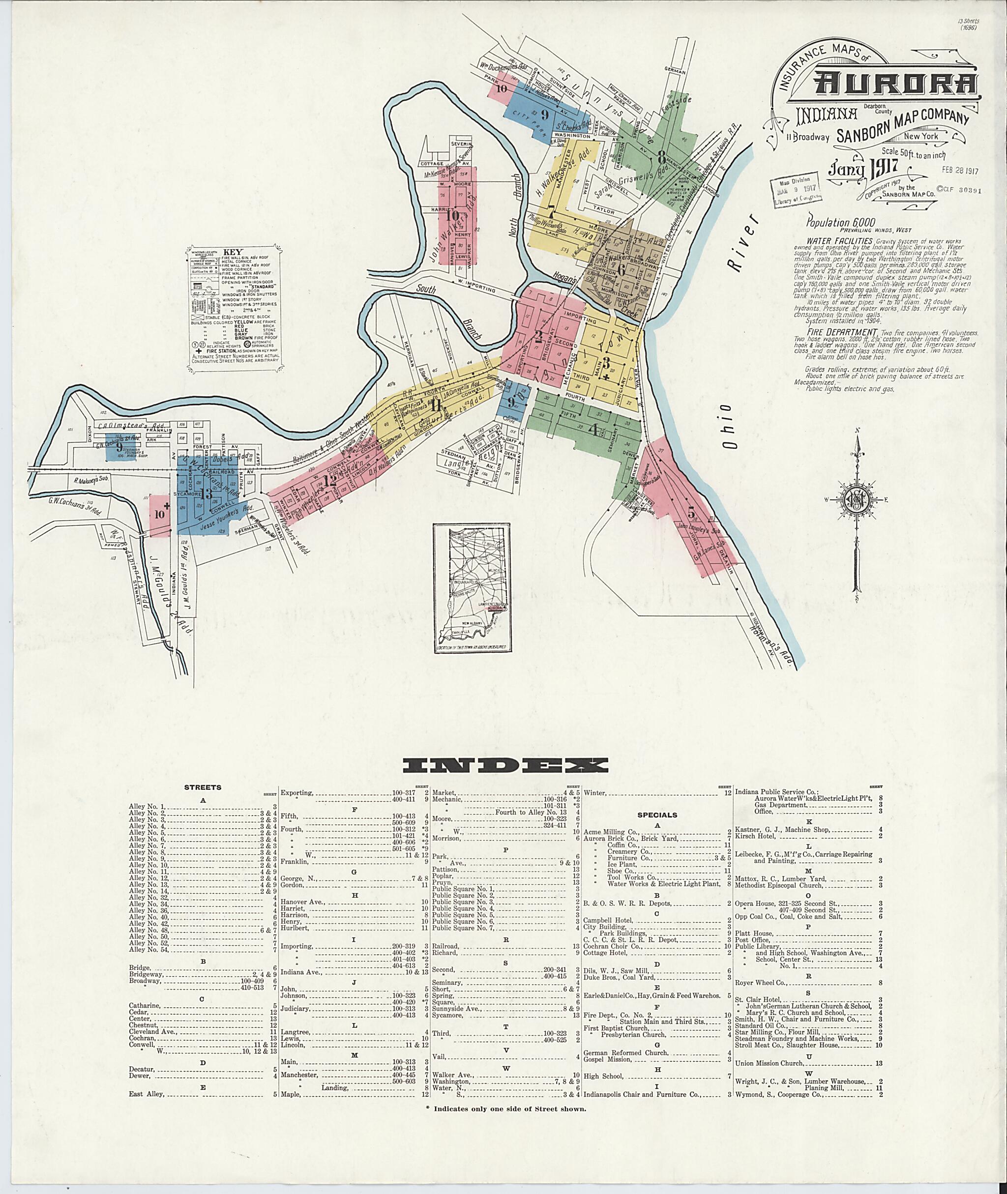 This old map of Aurora, Dearborn County, Indiana was created by Sanborn Map Company in 1917