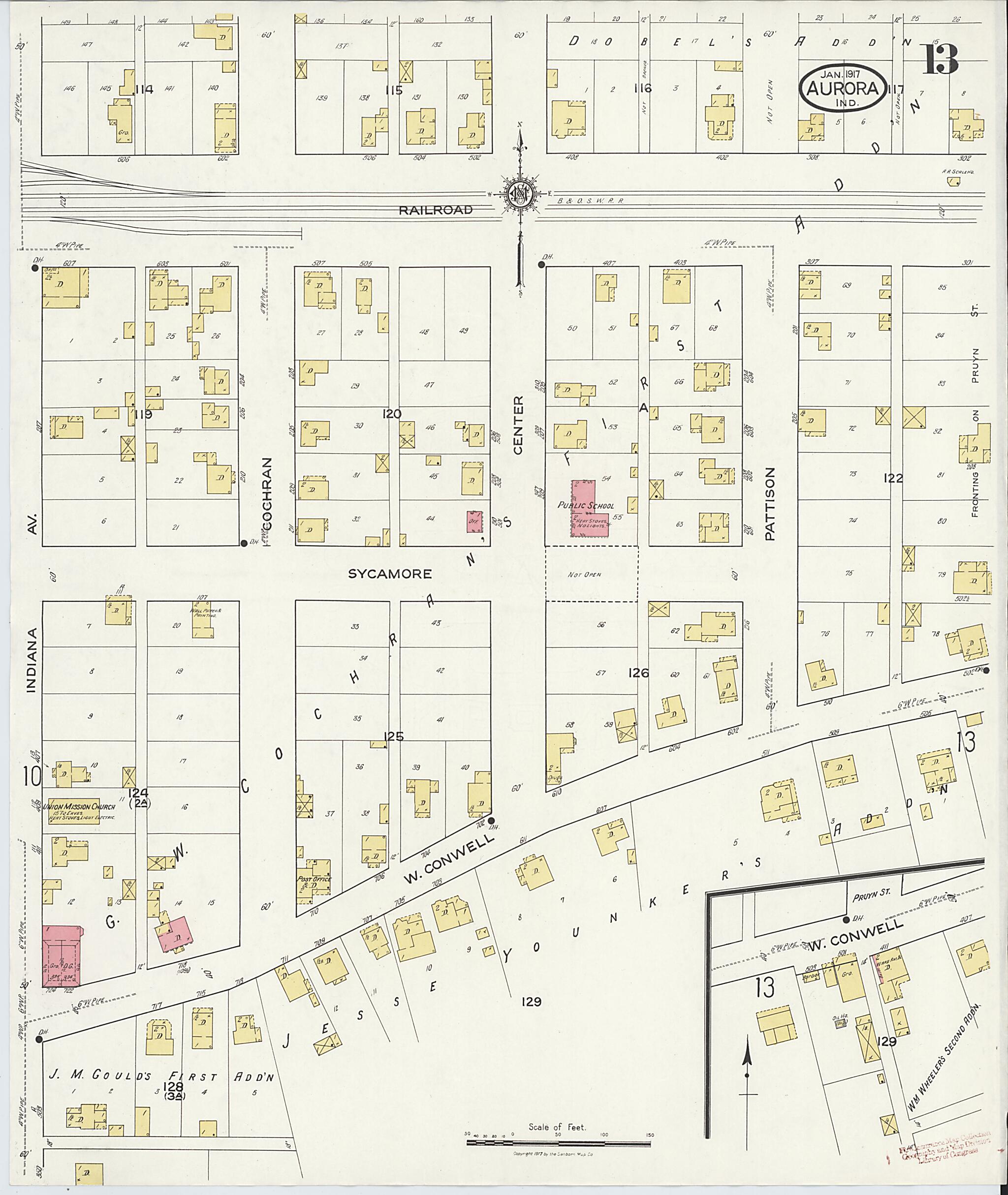 This old map of Aurora, Dearborn County, Indiana was created by Sanborn Map Company in 1917