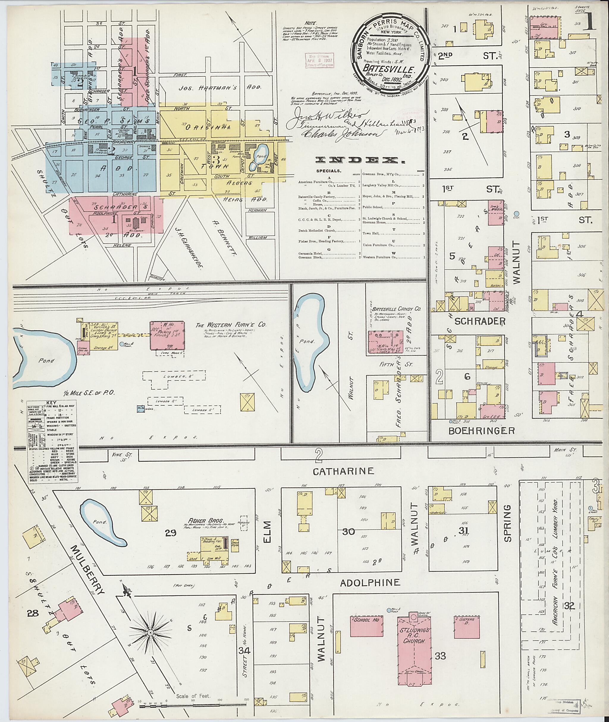 This old map of Batesville, Ripley County, Indiana was created by Sanborn Map Company in 1892