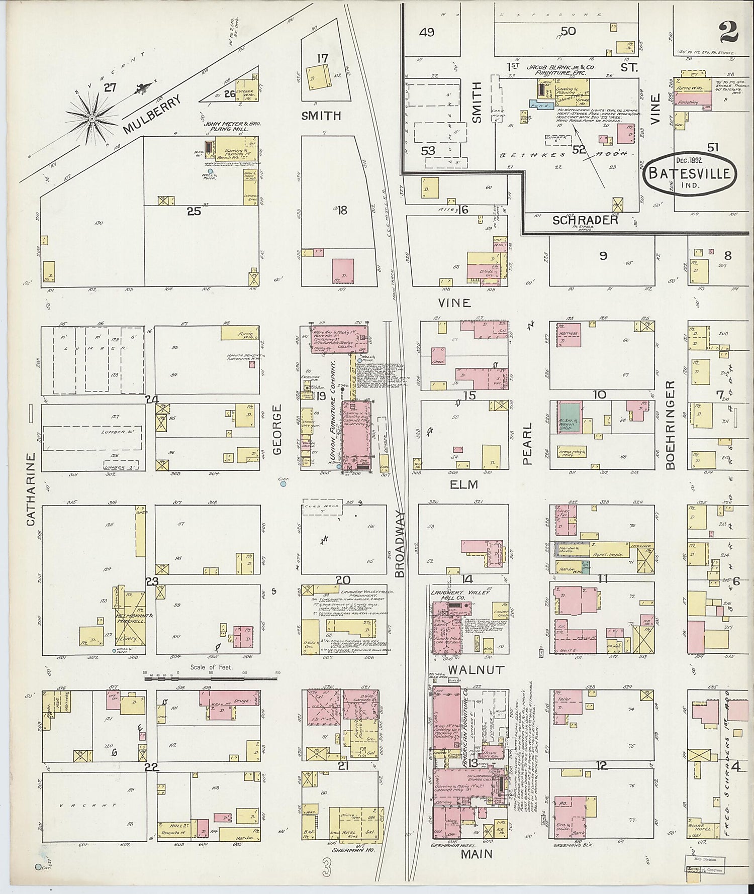 This old map of Batesville, Ripley County, Indiana was created by Sanborn Map Company in 1892