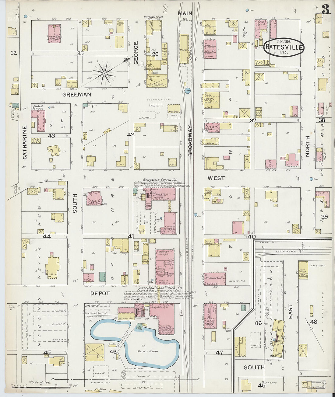 This old map of Batesville, Ripley County, Indiana was created by Sanborn Map Company in 1892