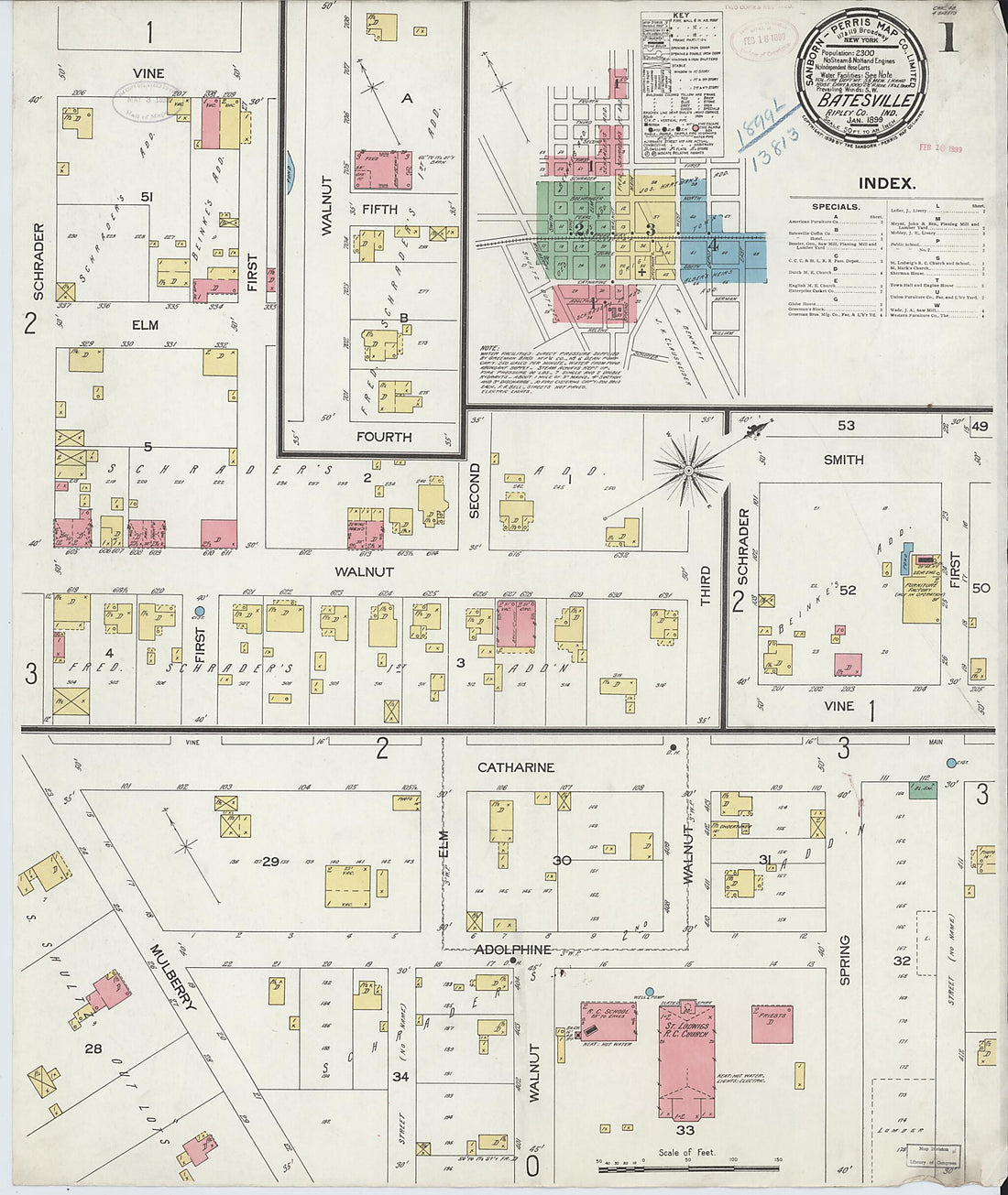 This old map of Batesville, Ripley County, Indiana was created by Sanborn Map Company in 1899