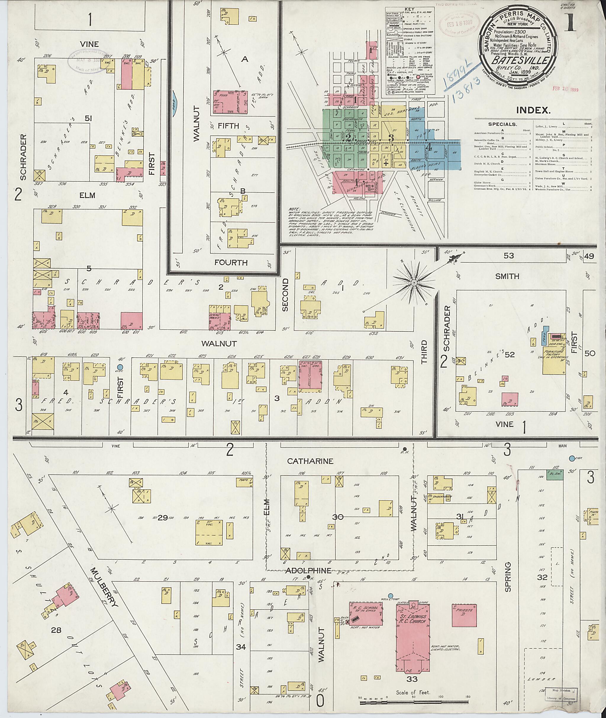 This old map of Batesville, Ripley County, Indiana was created by Sanborn Map Company in 1899