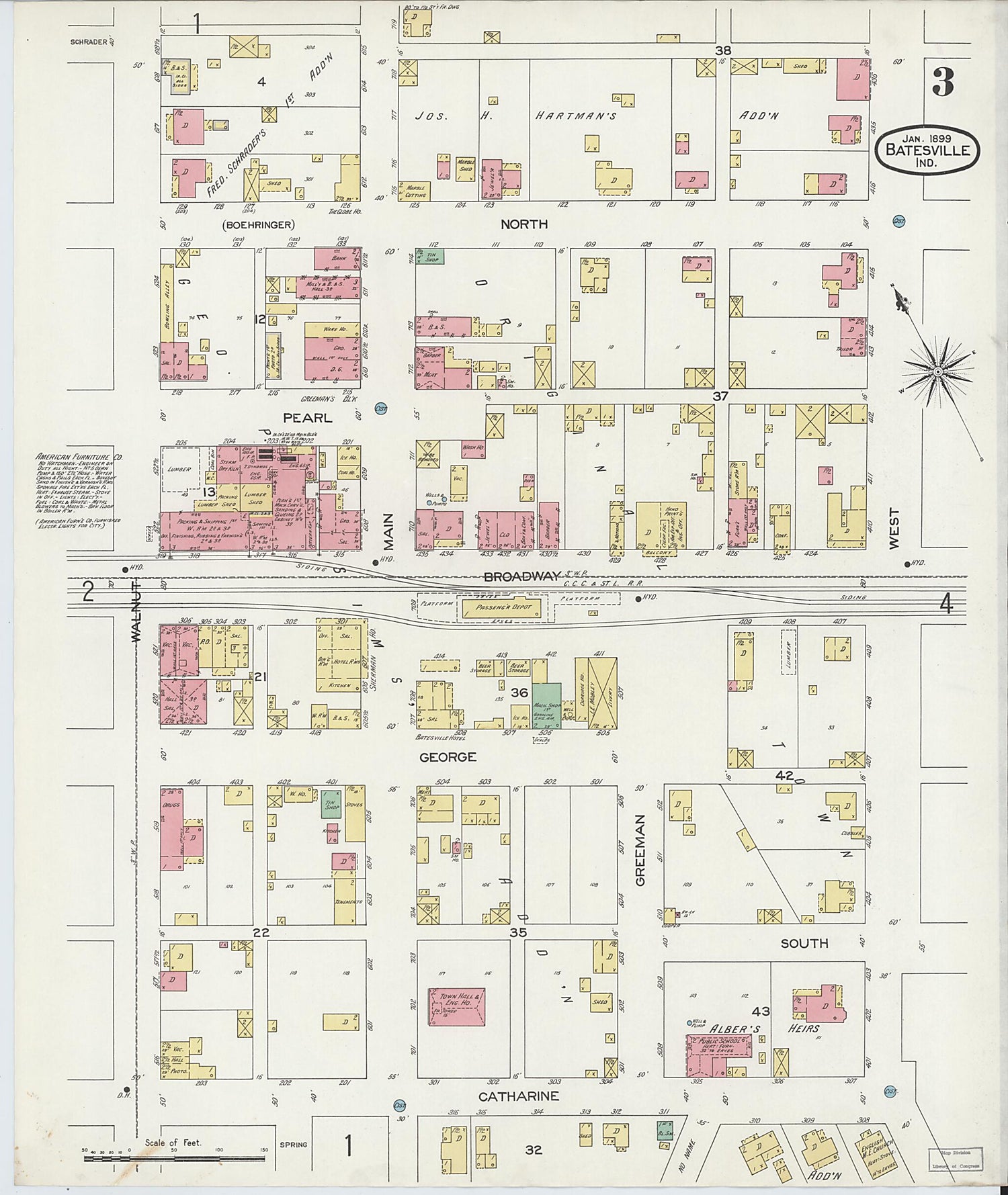 This old map of Batesville, Ripley County, Indiana was created by Sanborn Map Company in 1899