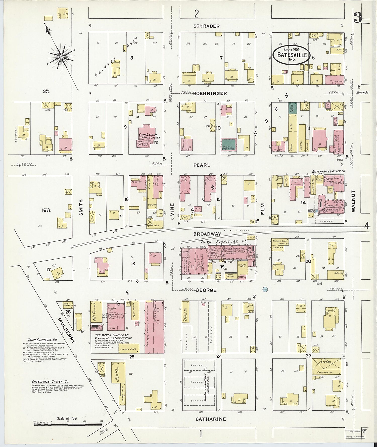 This old map of Batesville, Ripley County, Indiana was created by Sanborn Map Company in 1909