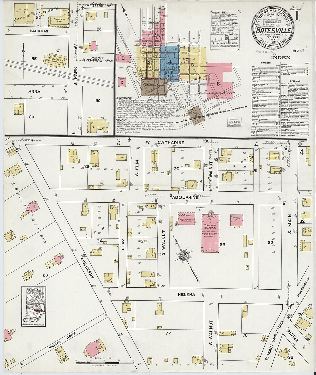 This old map of Batesville, Ripley County, Indiana was created by Sanborn Map Company in 1919