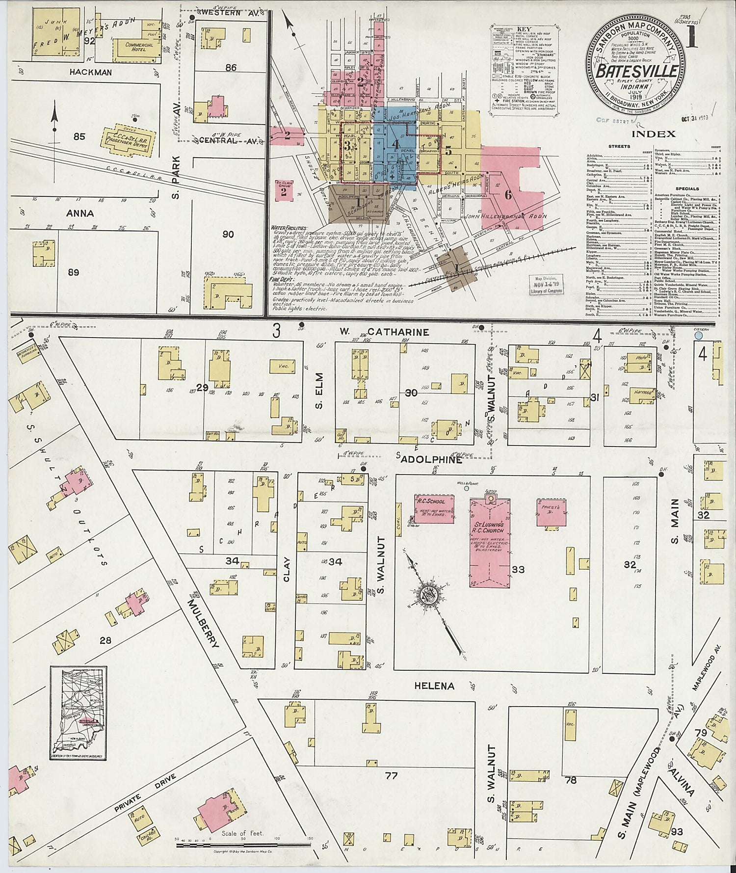 This old map of Batesville, Ripley County, Indiana was created by Sanborn Map Company in 1919