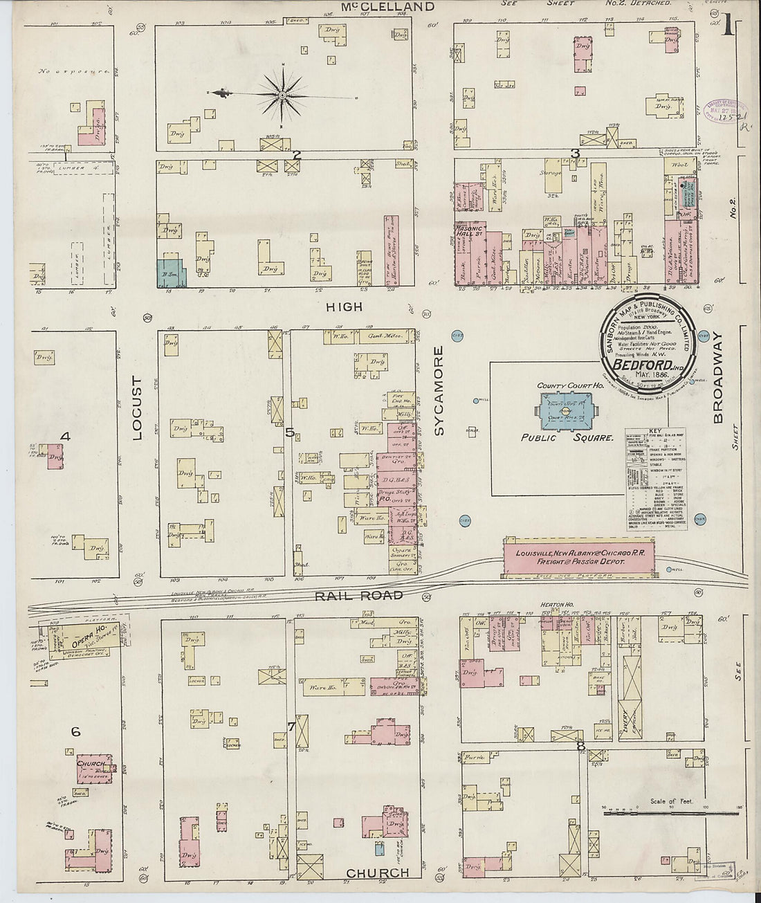 This old map of Bedford, Lawrence County, Indiana was created by Sanborn Map Company in 1886