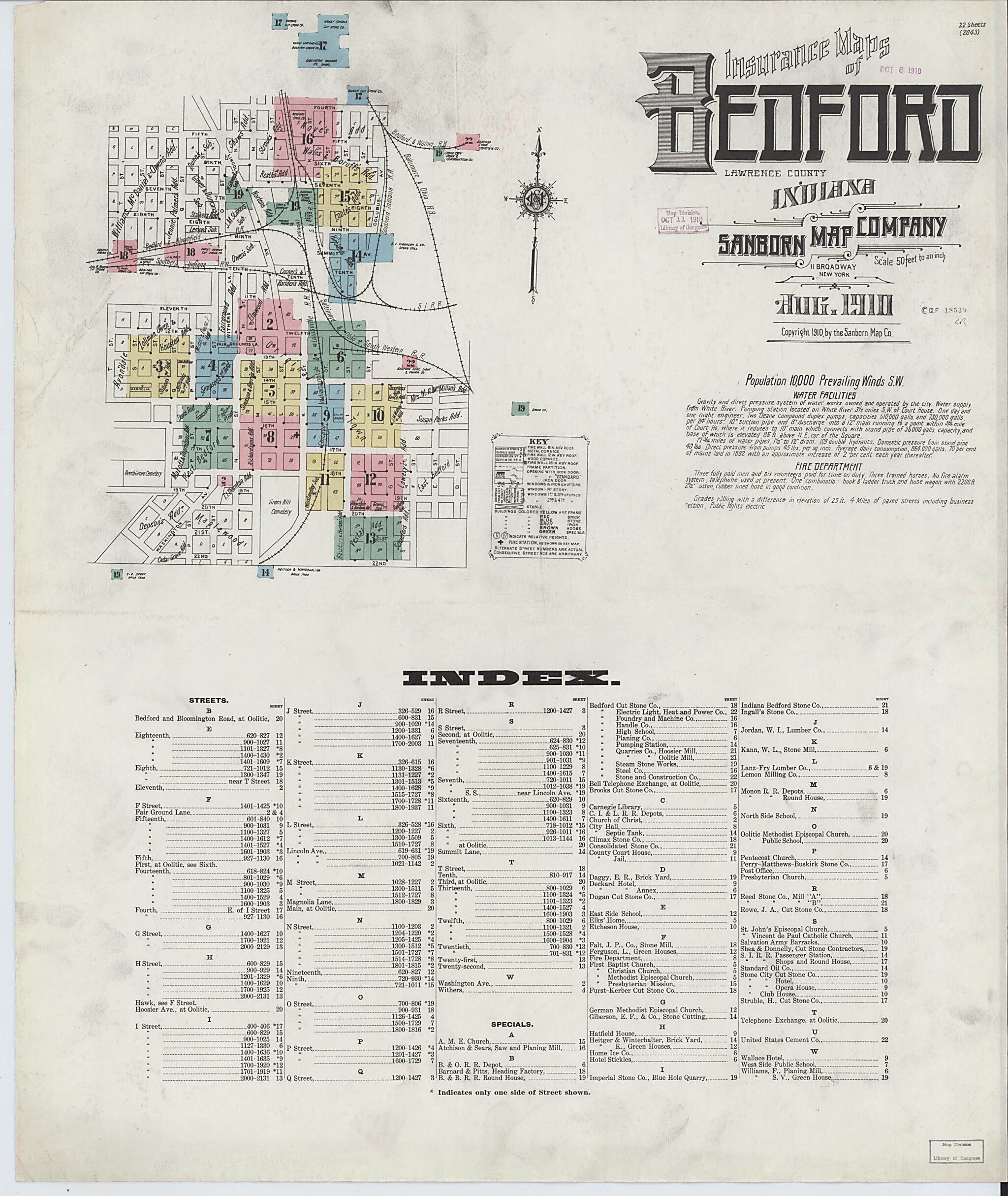 This old map of Bedford, Lawrence County, Indiana was created by Sanborn Map Company in 1910