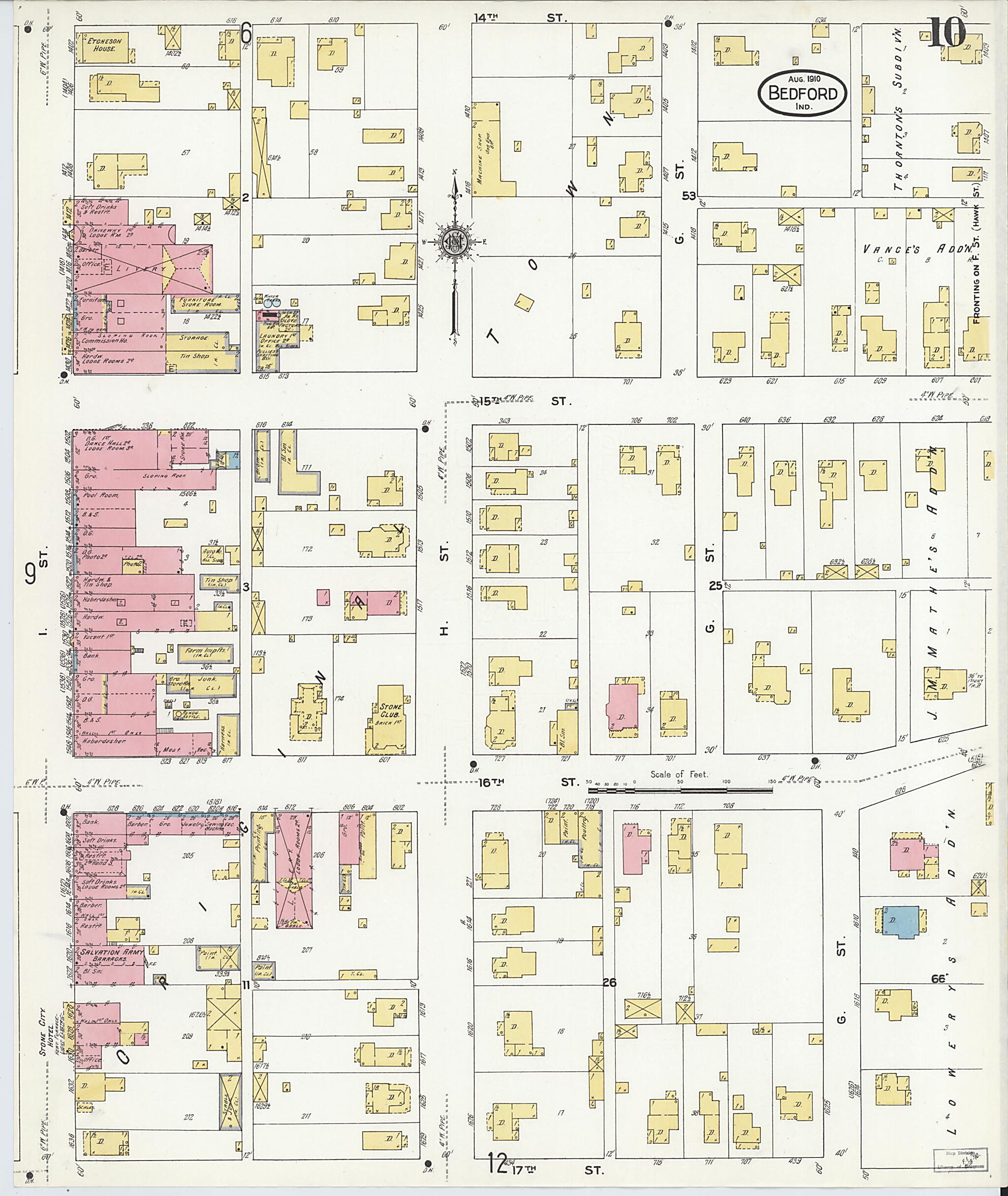 This old map of Bedford, Lawrence County, Indiana was created by Sanborn Map Company in 1910