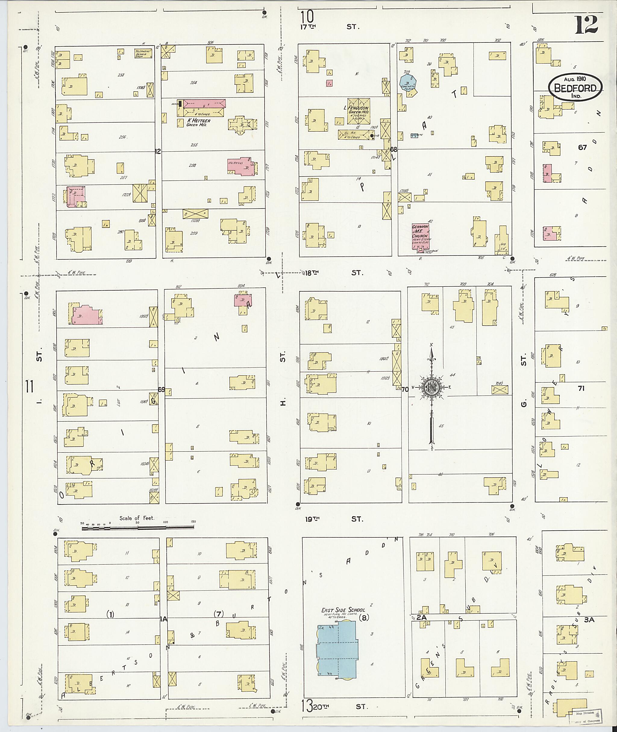 This old map of Bedford, Lawrence County, Indiana was created by Sanborn Map Company in 1910