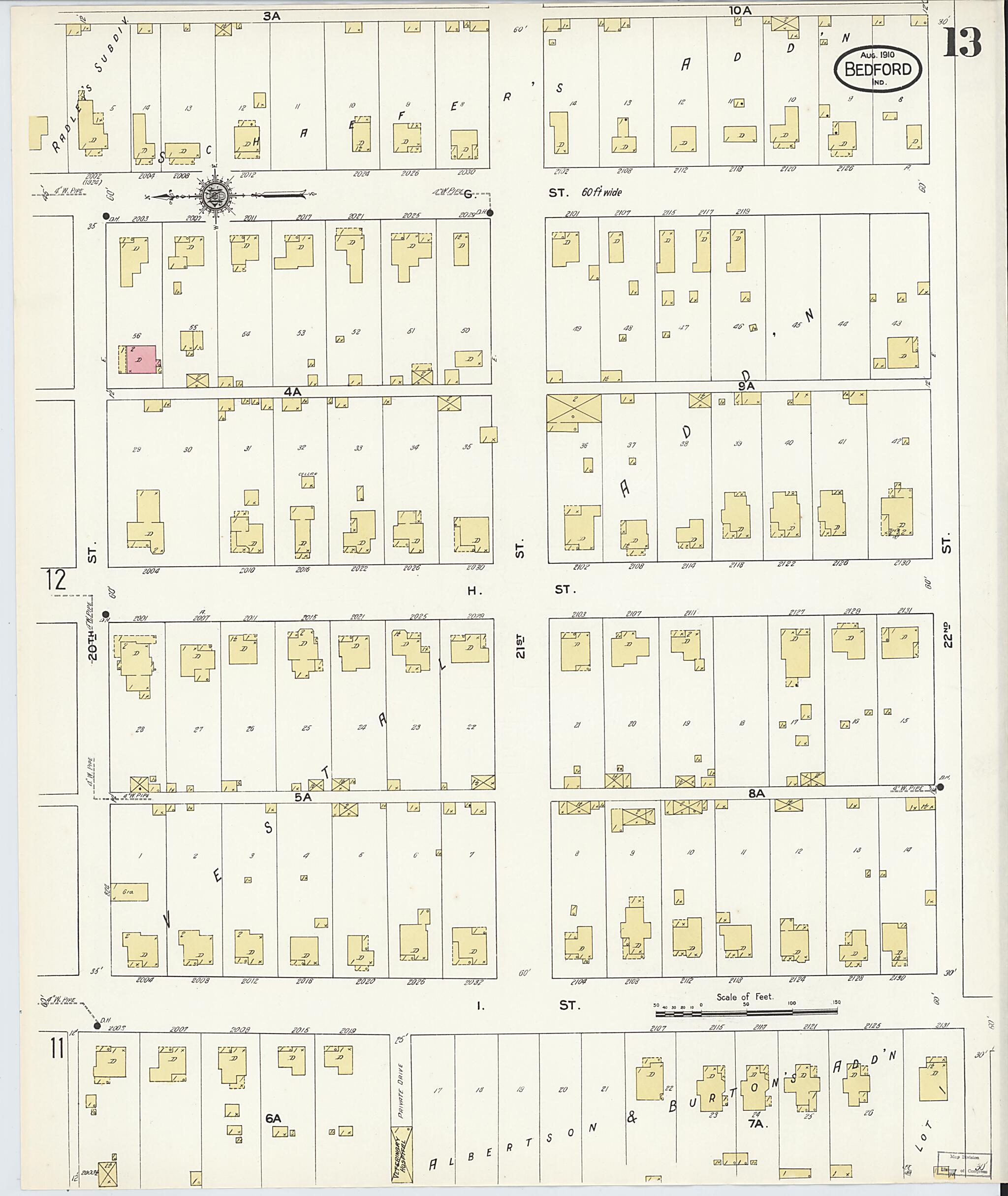 This old map of Bedford, Lawrence County, Indiana was created by Sanborn Map Company in 1910