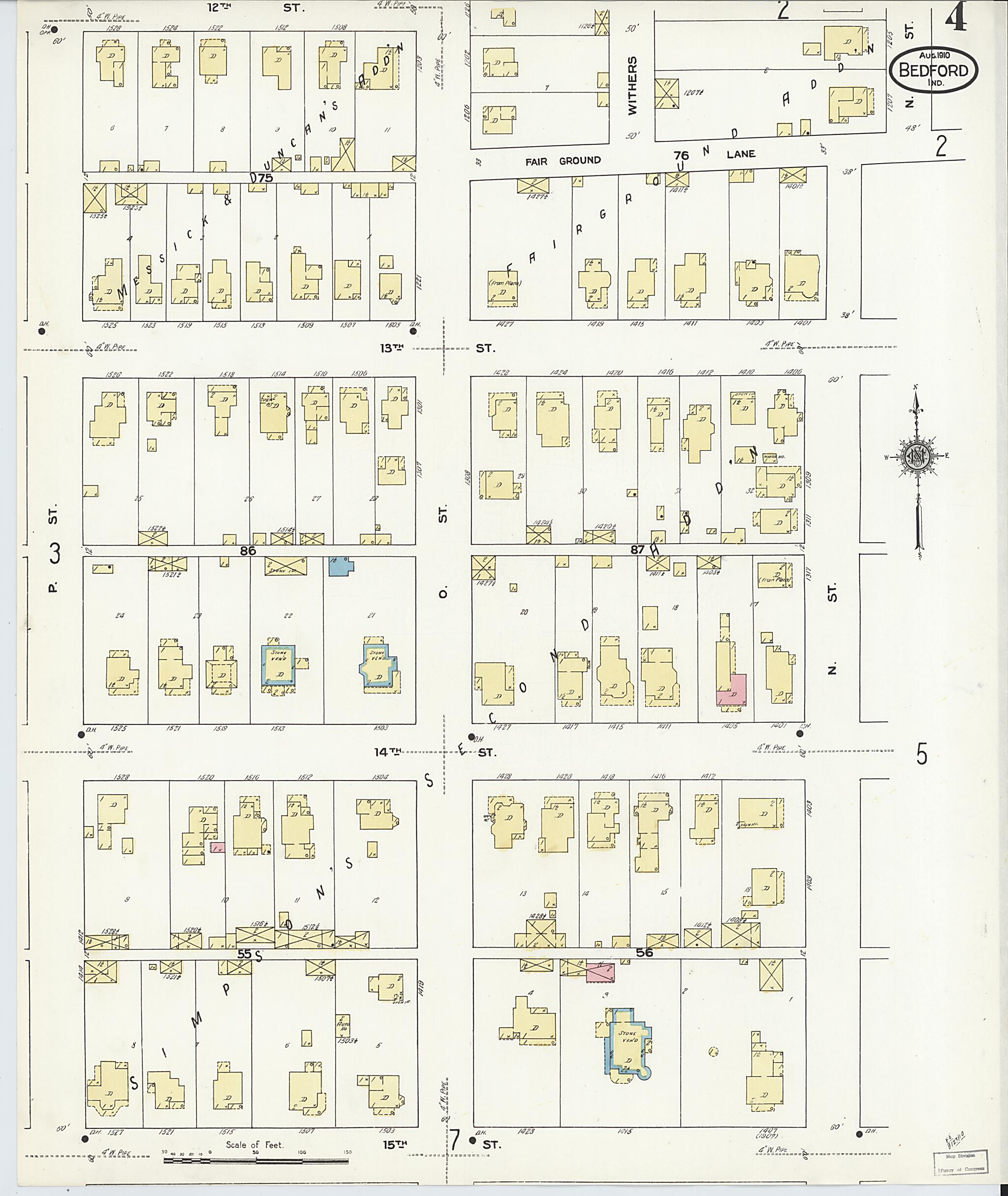 This old map of Bedford, Lawrence County, Indiana was created by Sanborn Map Company in 1910