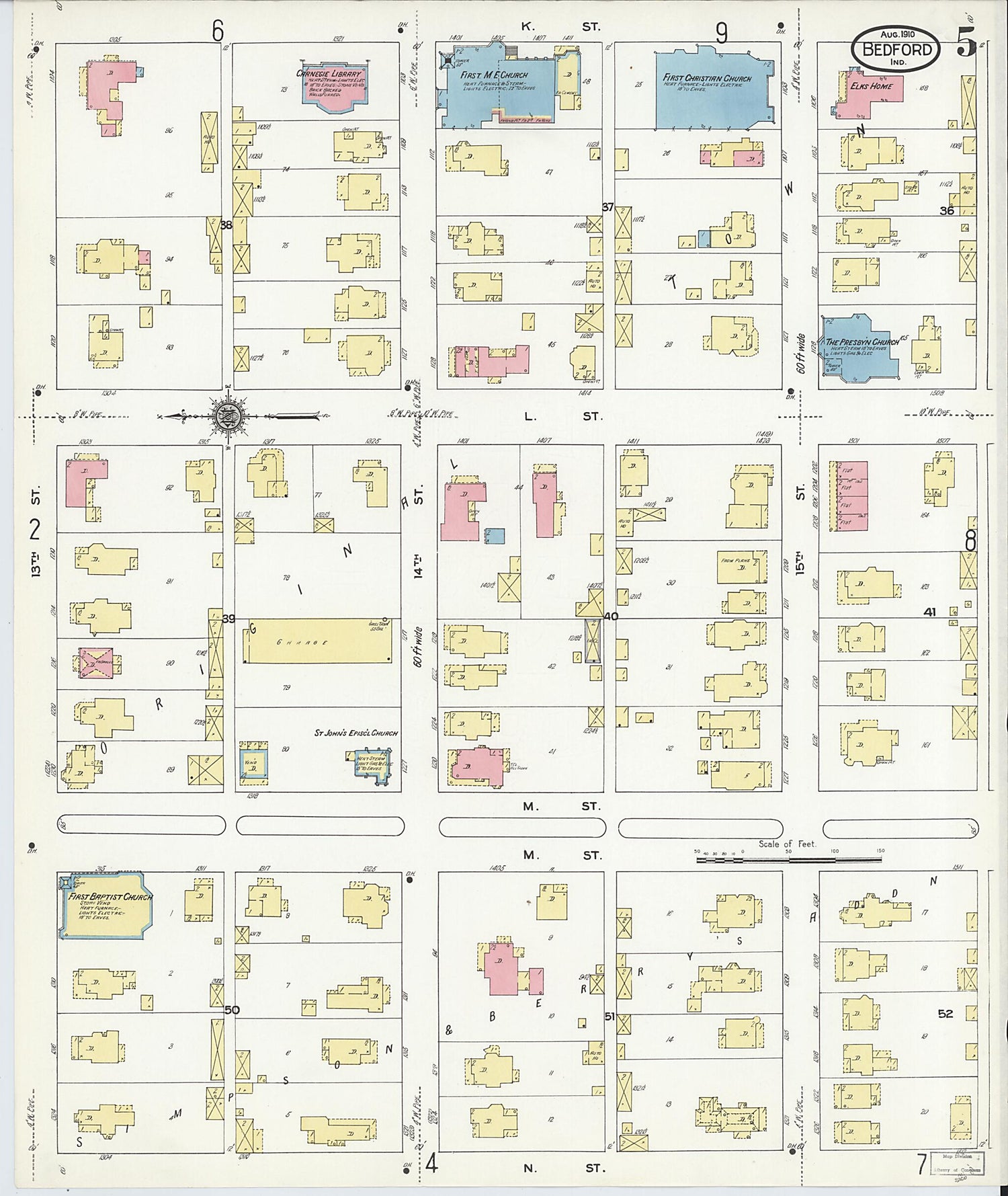 This old map of Bedford, Lawrence County, Indiana was created by Sanborn Map Company in 1910