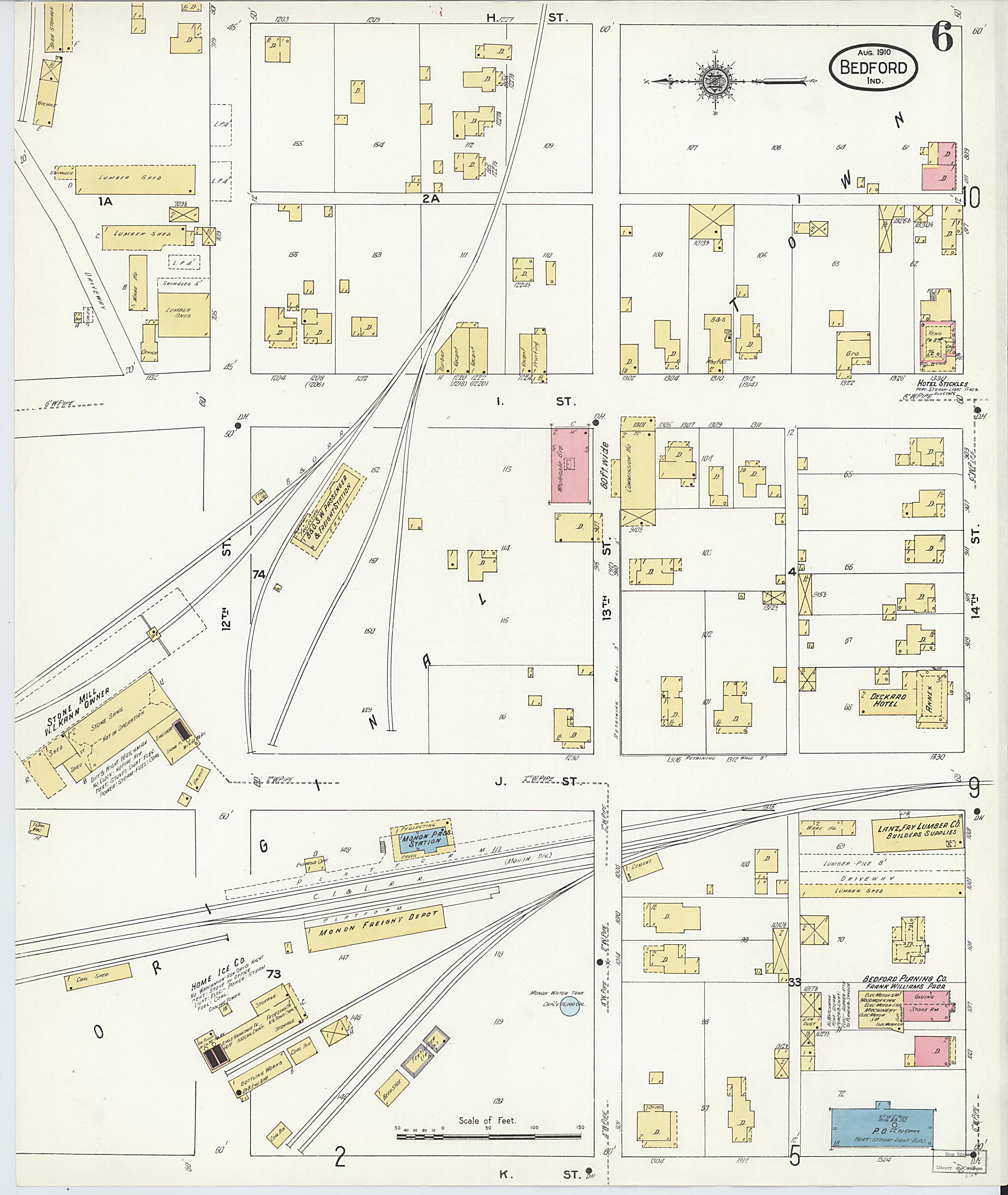 This old map of Bedford, Lawrence County, Indiana was created by Sanborn Map Company in 1910