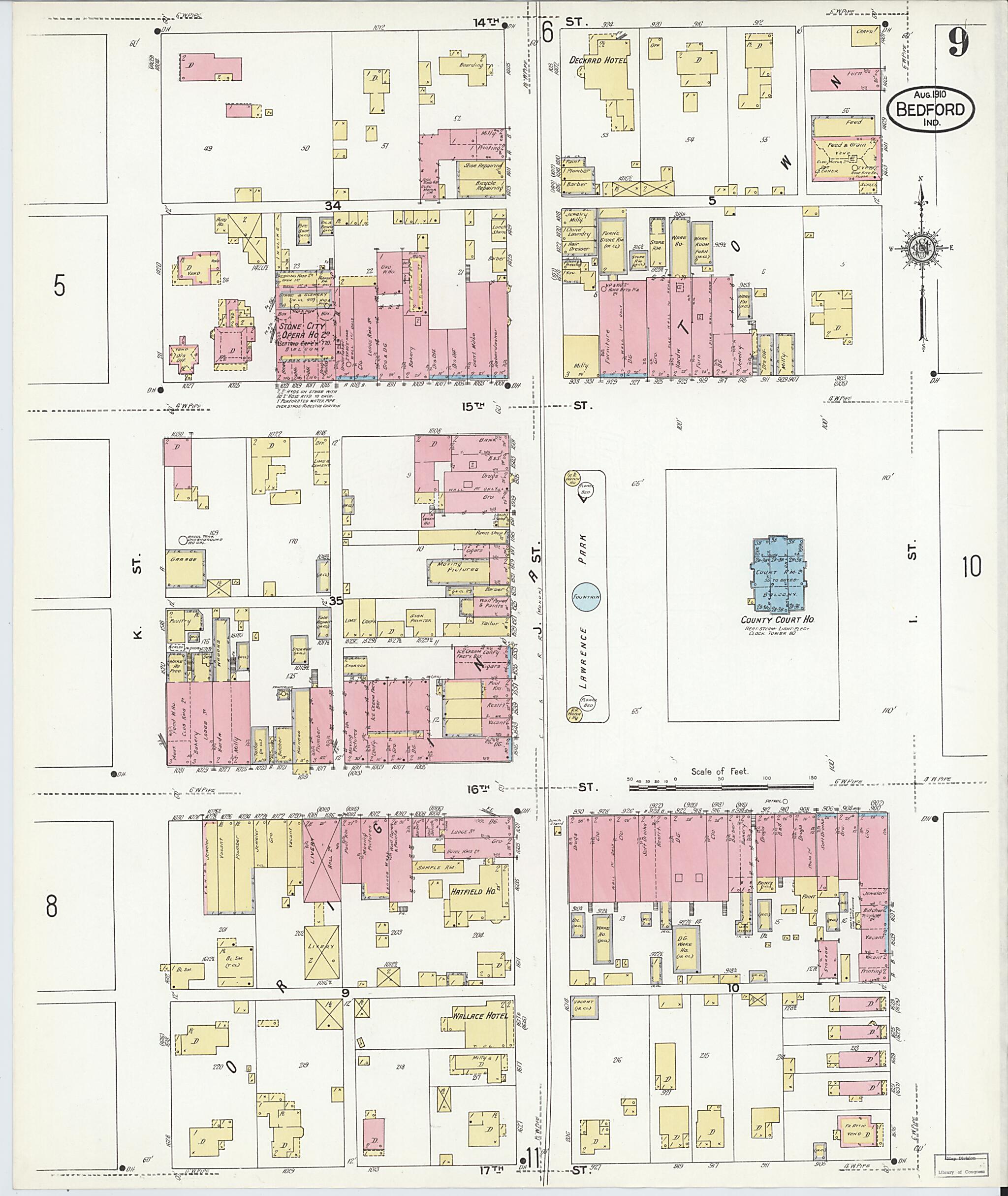 This old map of Bedford, Lawrence County, Indiana was created by Sanborn Map Company in 1910