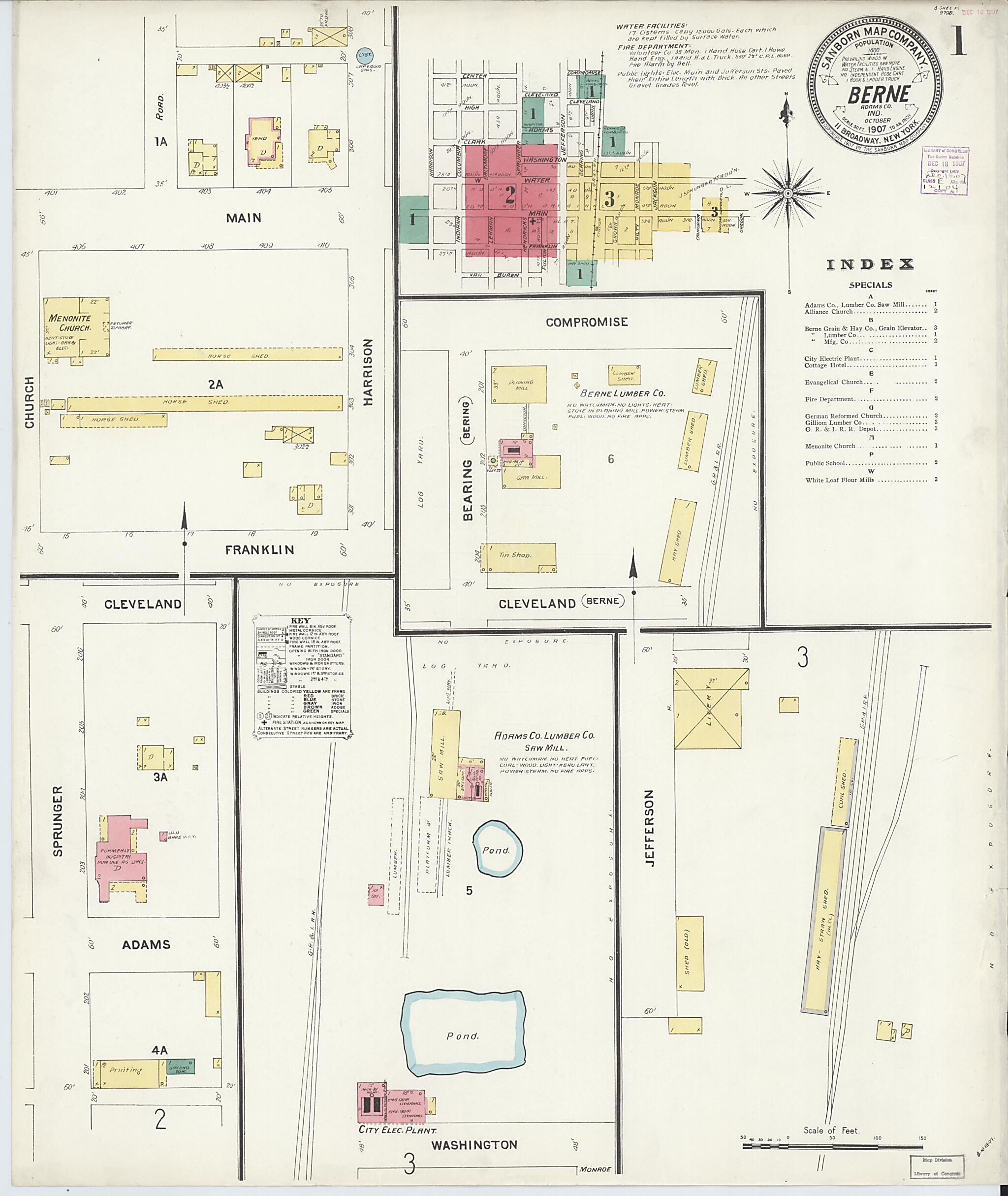 This old map of Berne, Adams County, Indiana was created by Sanborn Map Company in 1907