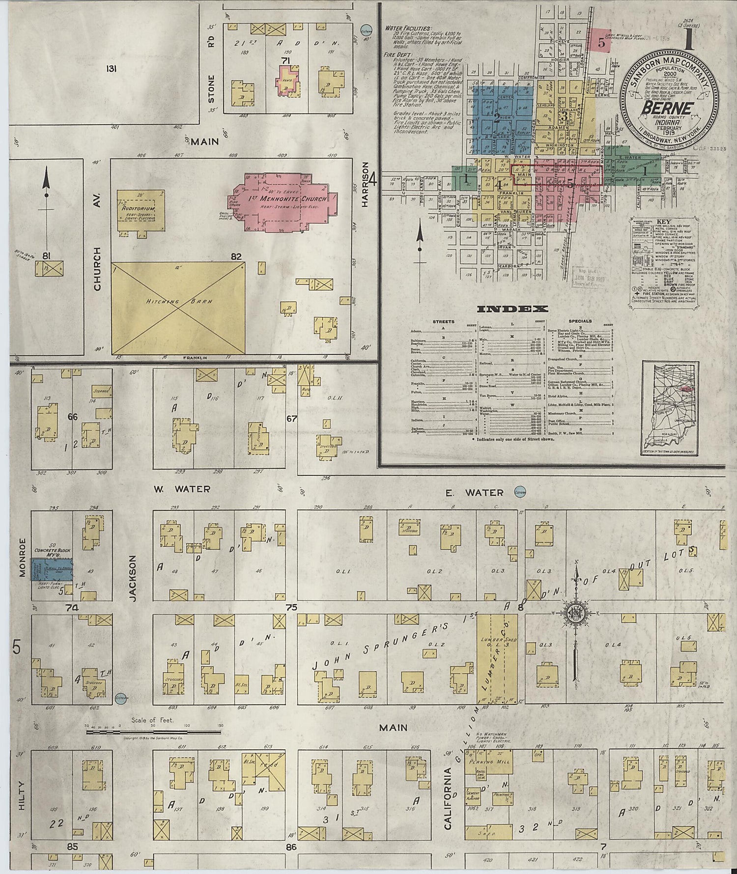 This old map of Berne, Adams County, Indiana was created by Sanborn Map Company in 1919