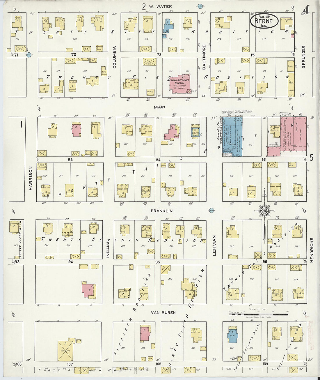 This old map of Berne, Adams County, Indiana was created by Sanborn Map Company in 1919