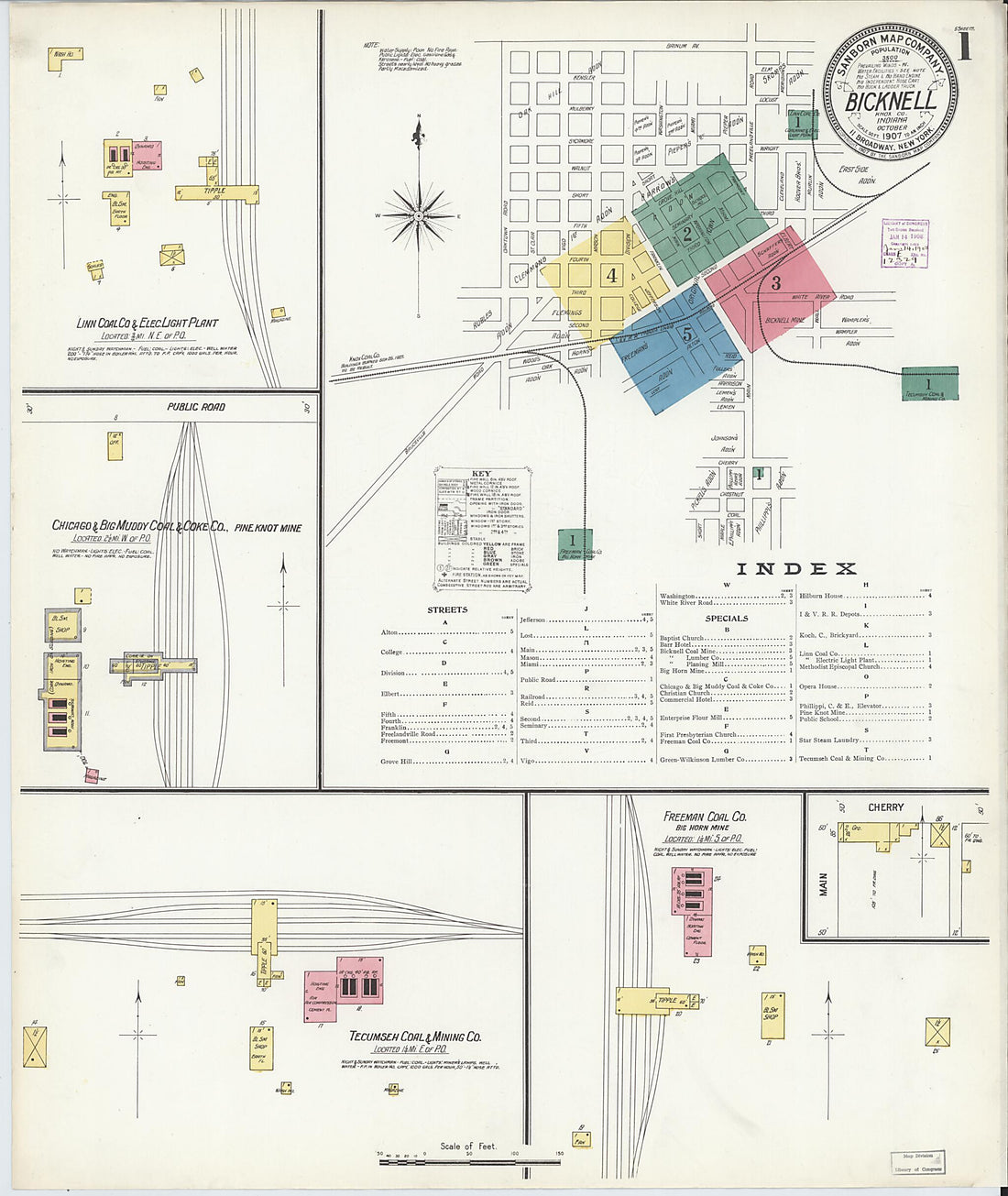 This old map of Bicknell, Knox County, Indiana was created by Sanborn Map Company in 1907